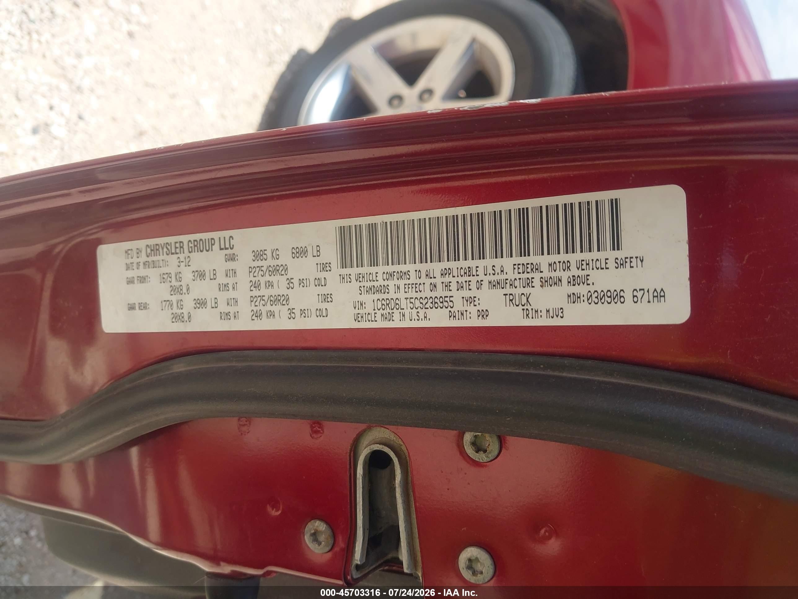 2012 Ram 1500 Lone Star Burgundy vin: 1C6RD6LT5CS236955