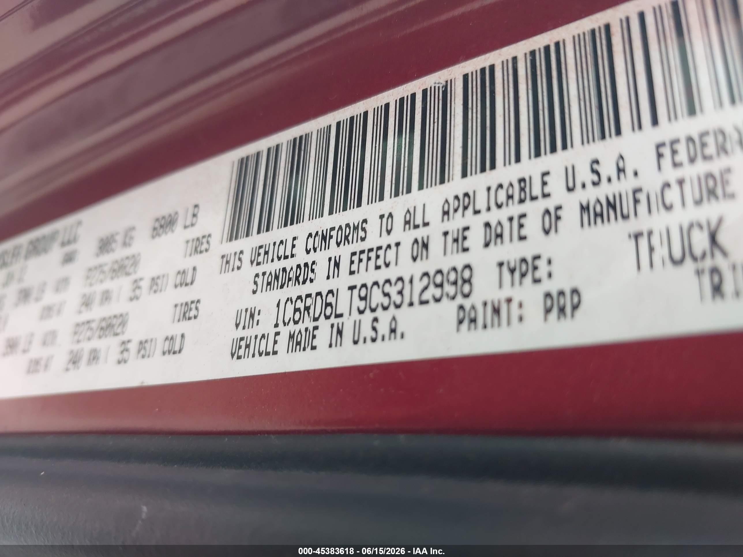 2012 Ram 1500 Lone Star Burgundy vin: 1C6RD6LT9CS312998
