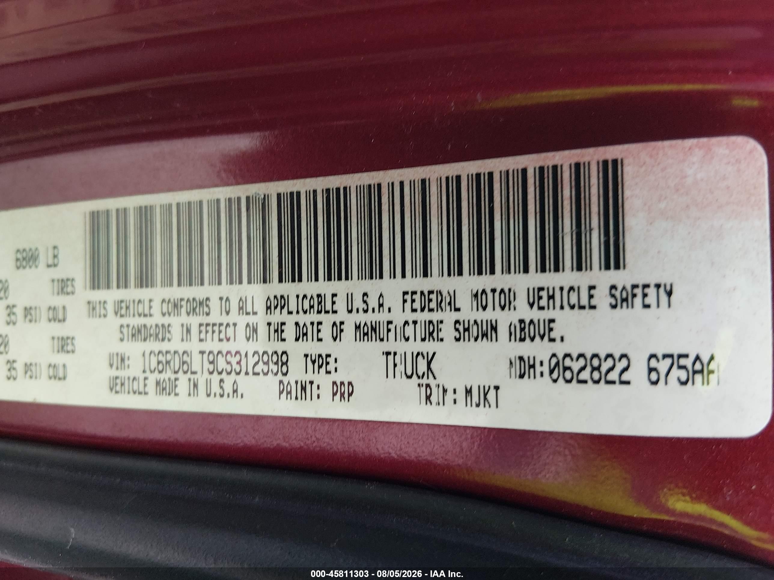2012 Ram 1500 Lone Star Burgundy vin: 1C6RD6LT9CS312998