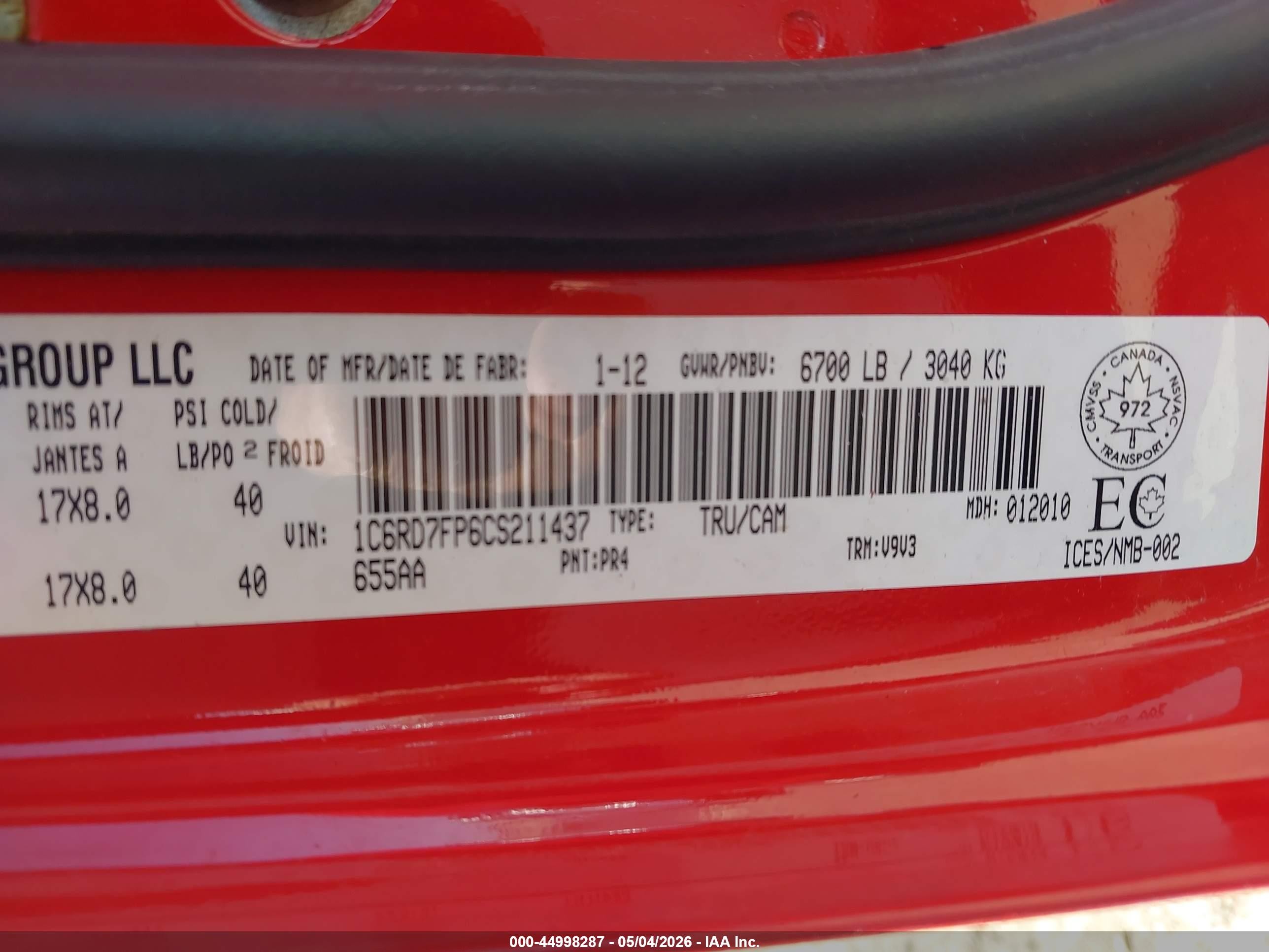 2012 Ram 1500 St Red vin: 1C6RD7FP6CS211437