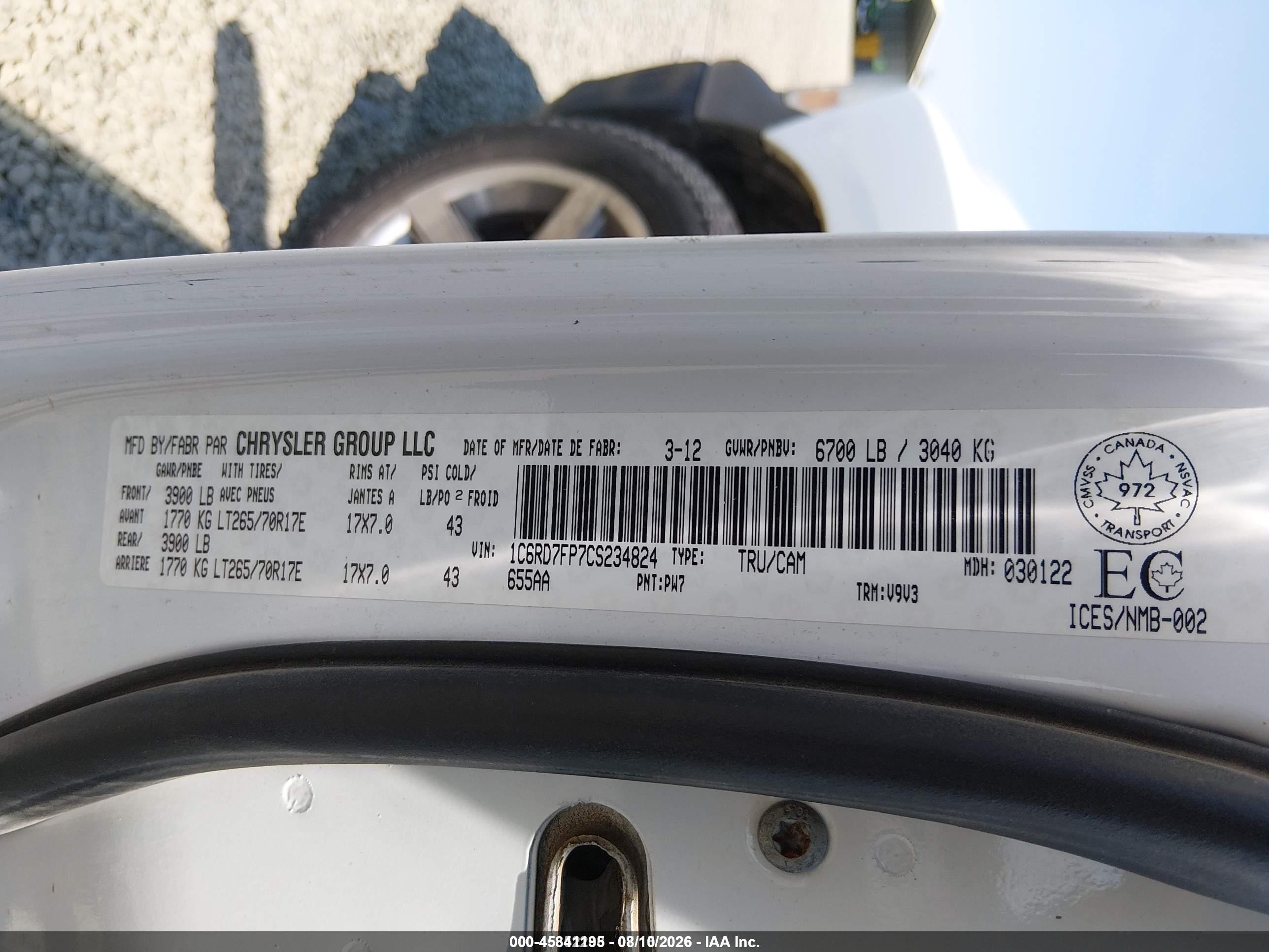 2012 Ram 1500 St White vin: 1C6RD7FP7CS234824