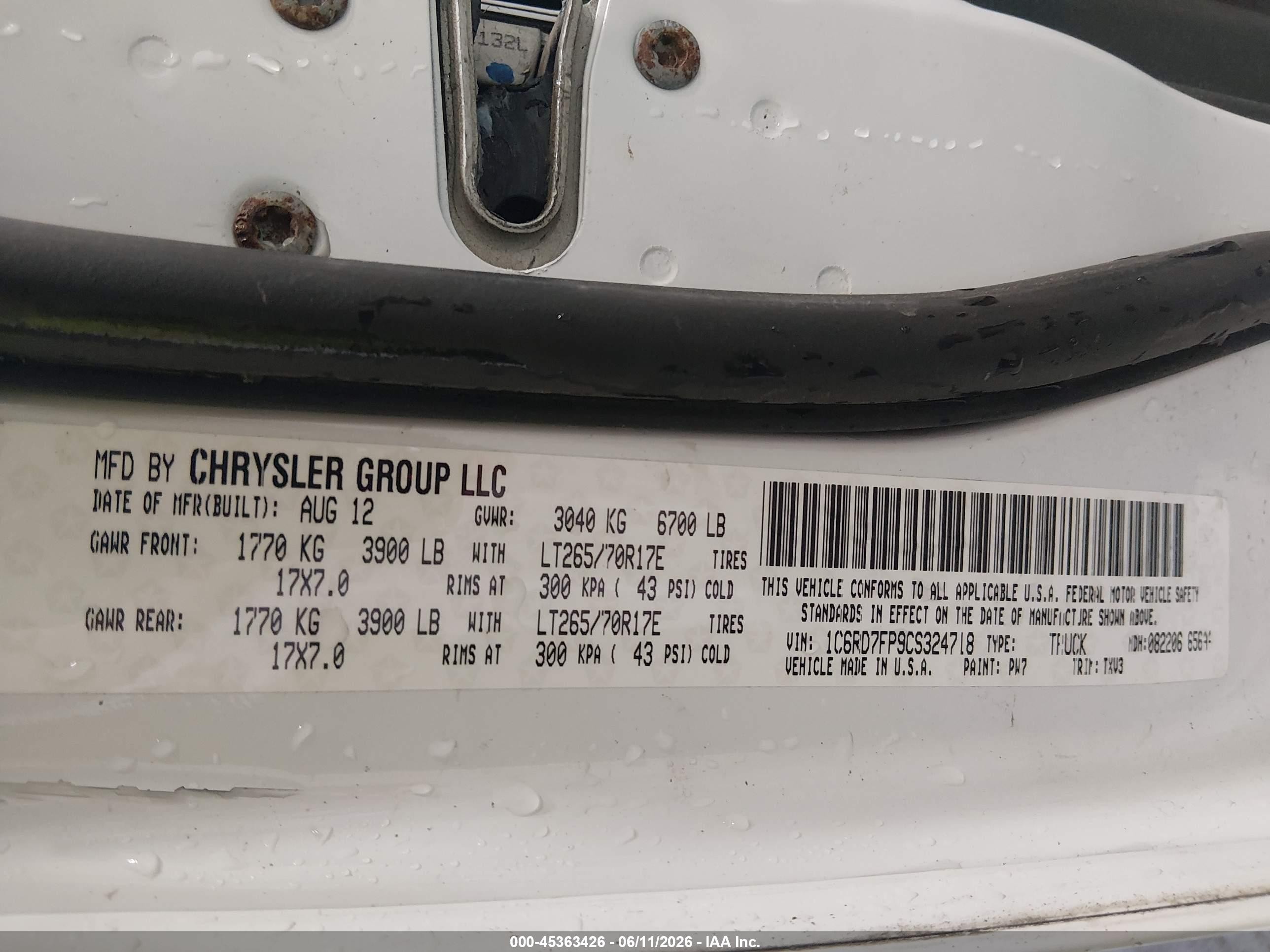 2012 Ram 1500 St White vin: 1C6RD7FP9CS324718