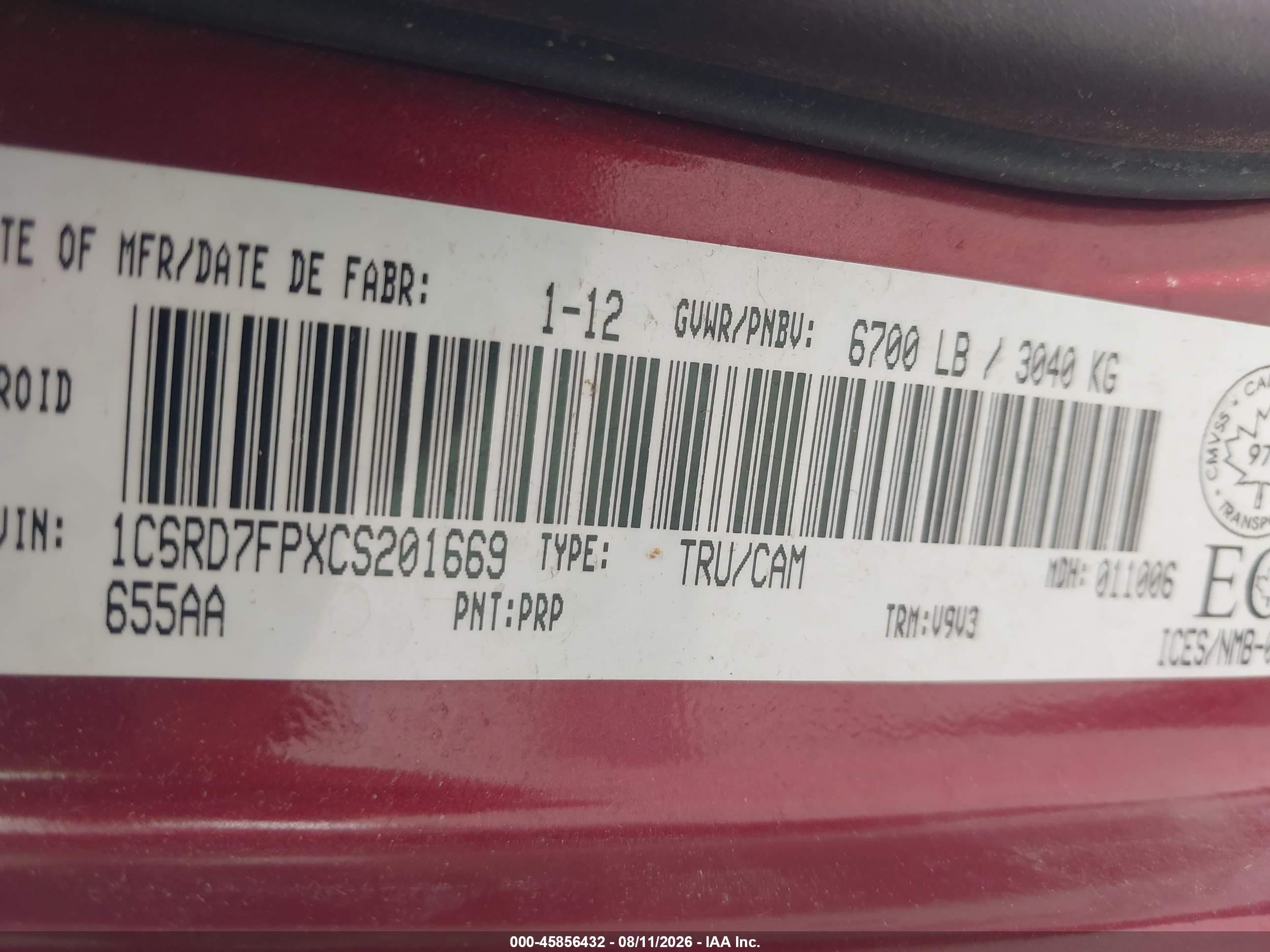 2012 Ram 1500 St Maroon vin: 1C6RD7FPXCS201669