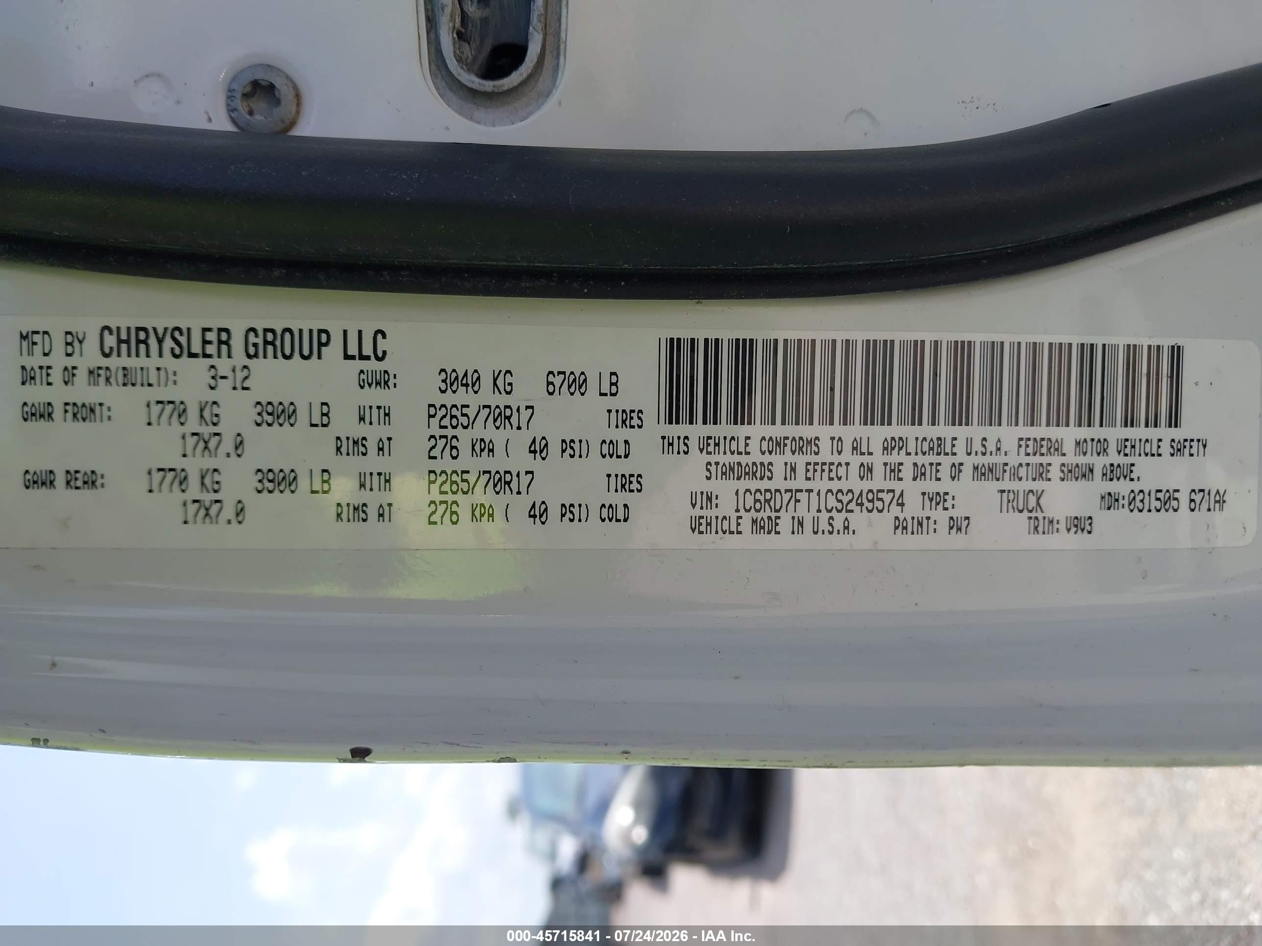 2012 Ram 1500 St White vin: 1C6RD7FT1CS249574