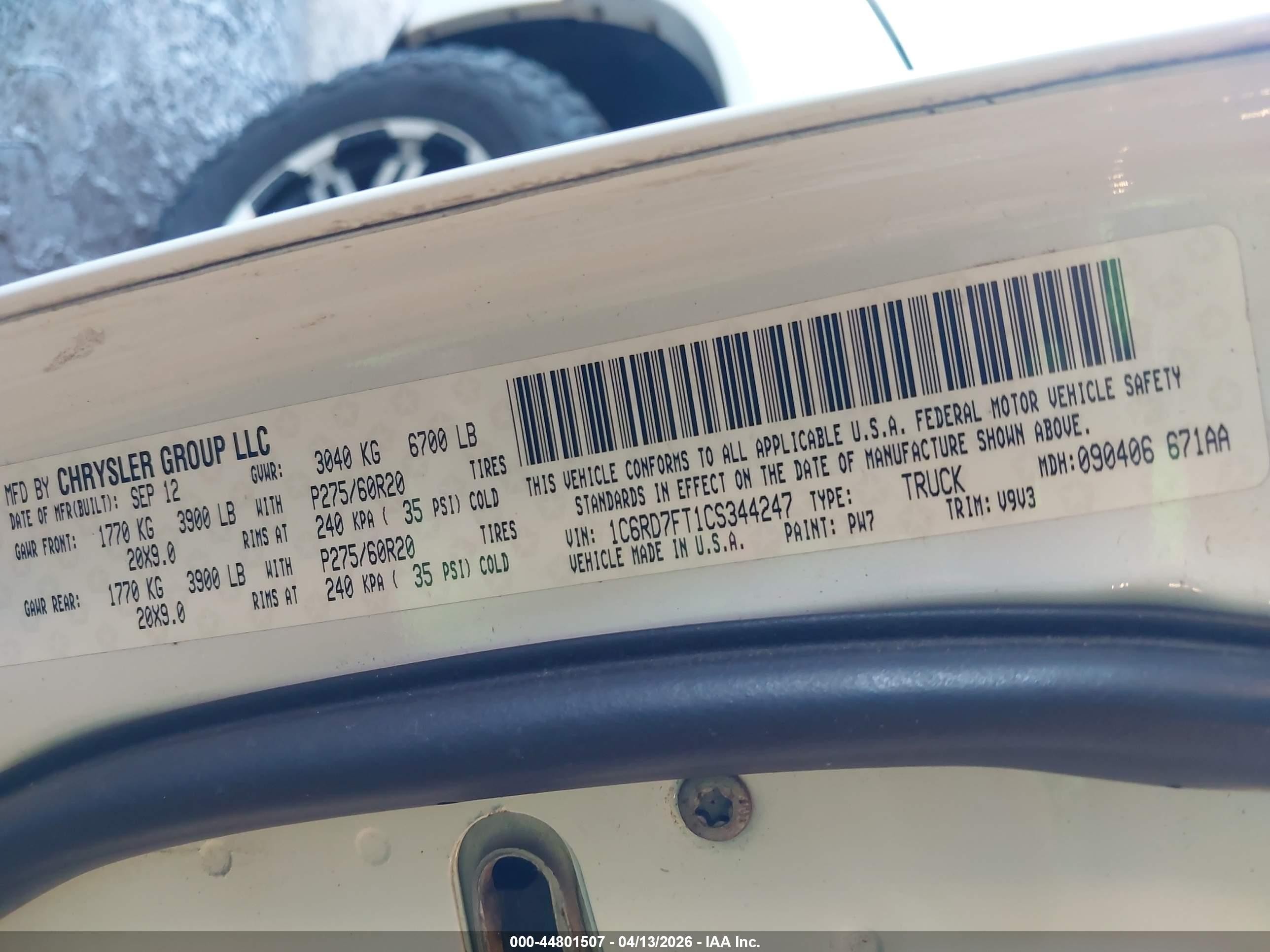 2012 Ram 1500 St Белый vin: 1C6RD7FT1CS344247