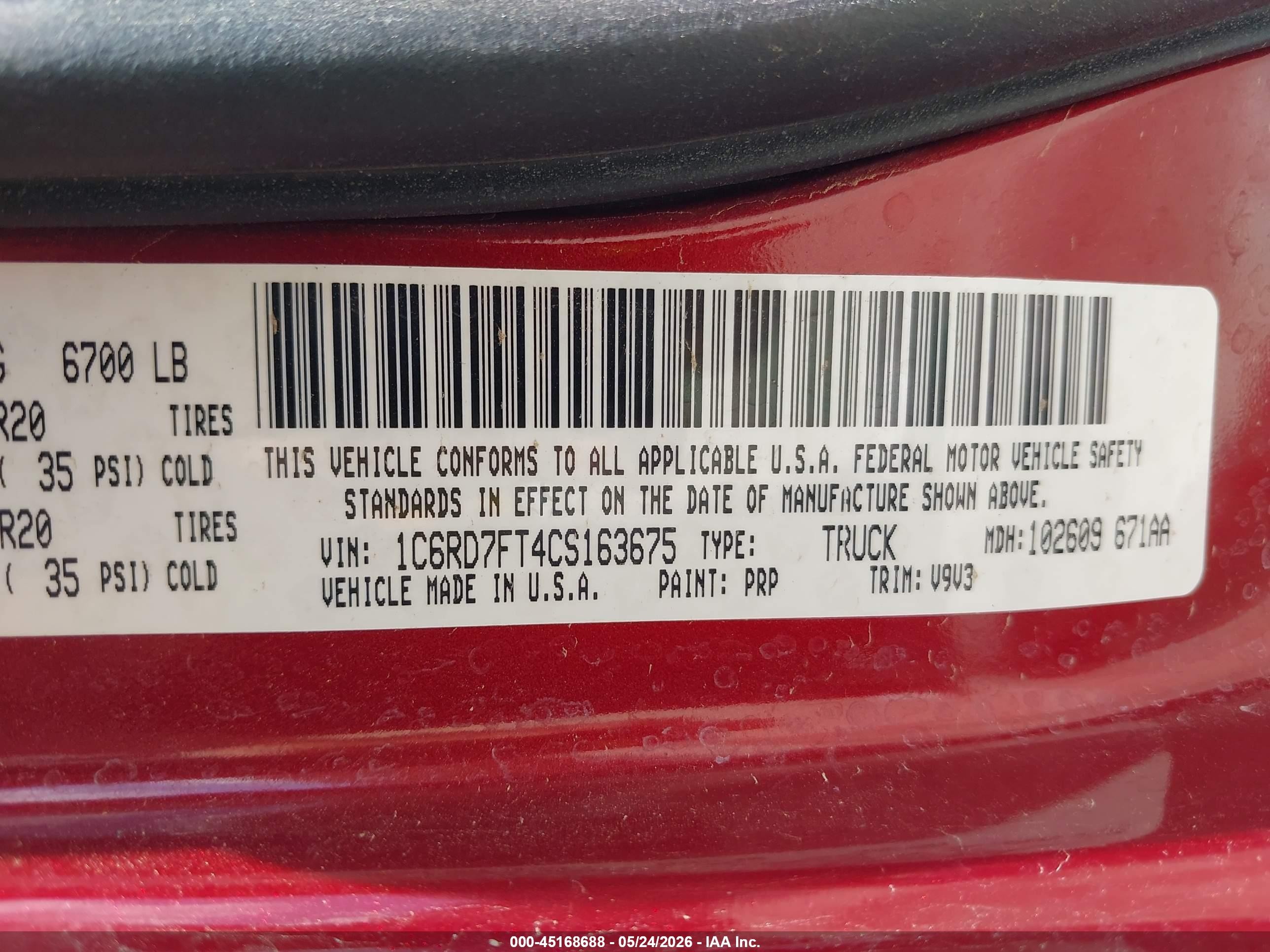 2012 Ram 1500 St Red vin: 1C6RD7FT4CS163675
