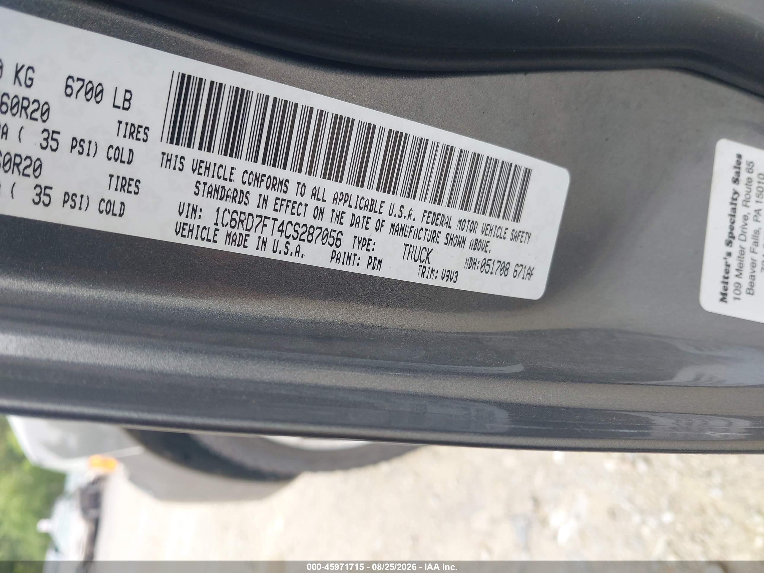 2012 Ram 1500 St Gray vin: 1C6RD7FT4CS287056
