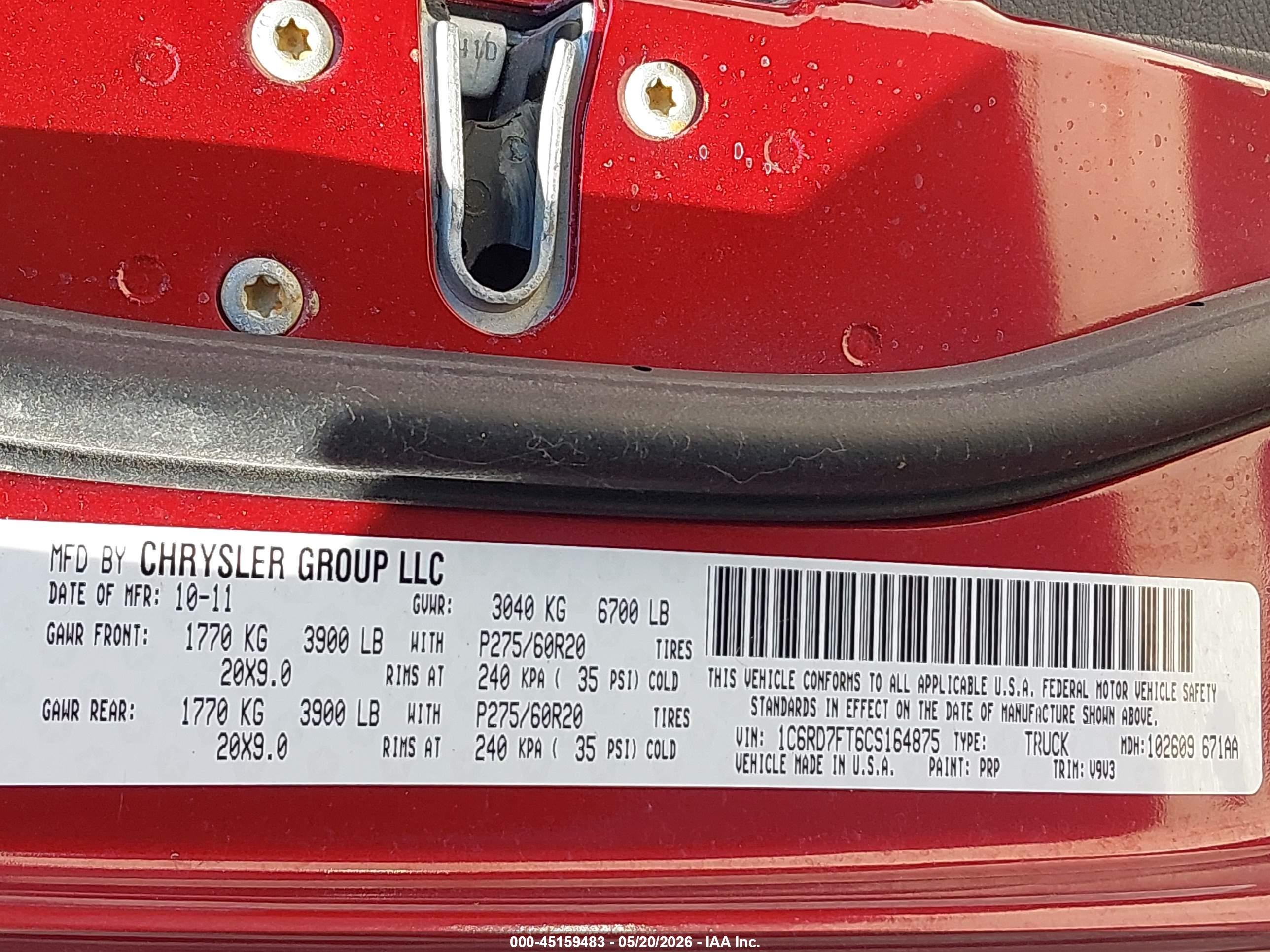 2012 Ram 1500 St Red vin: 1C6RD7FT6CS164875