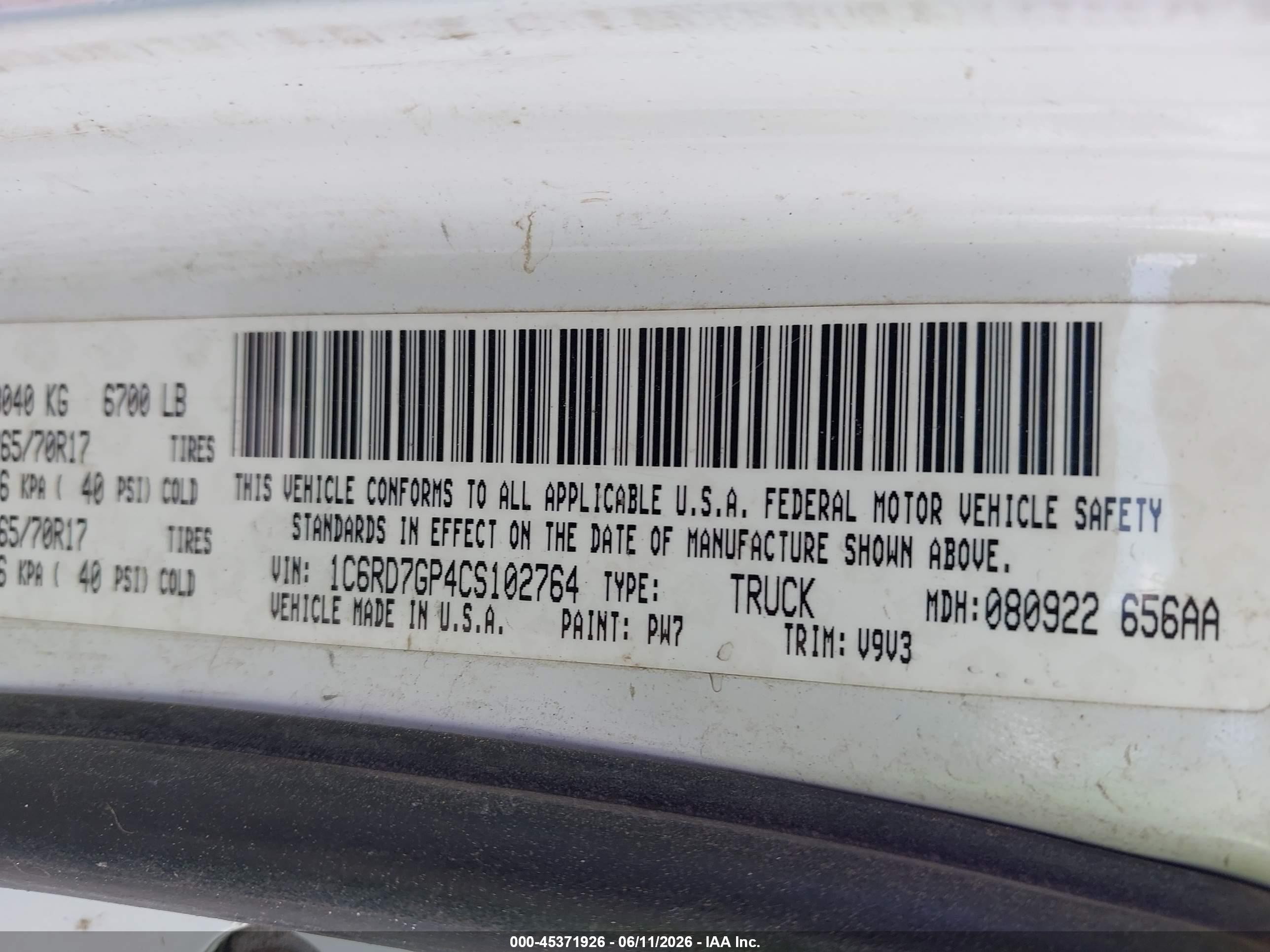 2012 Ram 1500 Slt White vin: 1C6RD7GP4CS102764