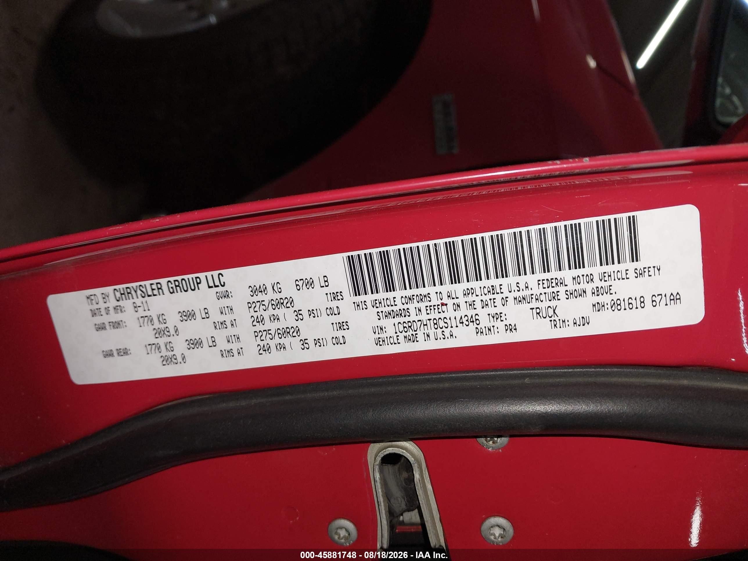 2012 Ram 1500 Sport Red vin: 1C6RD7HT8CS114346