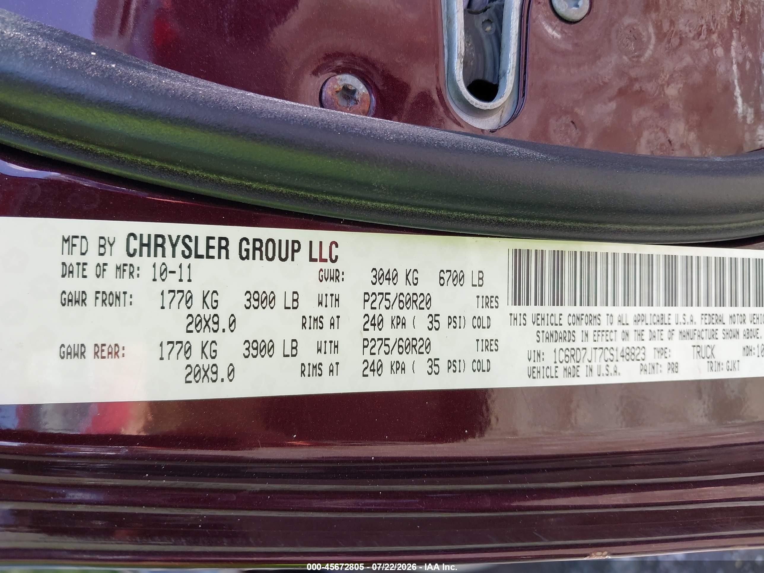 2012 Ram 1500 Laramie Burgundy vin: 1C6RD7JT7CS148823