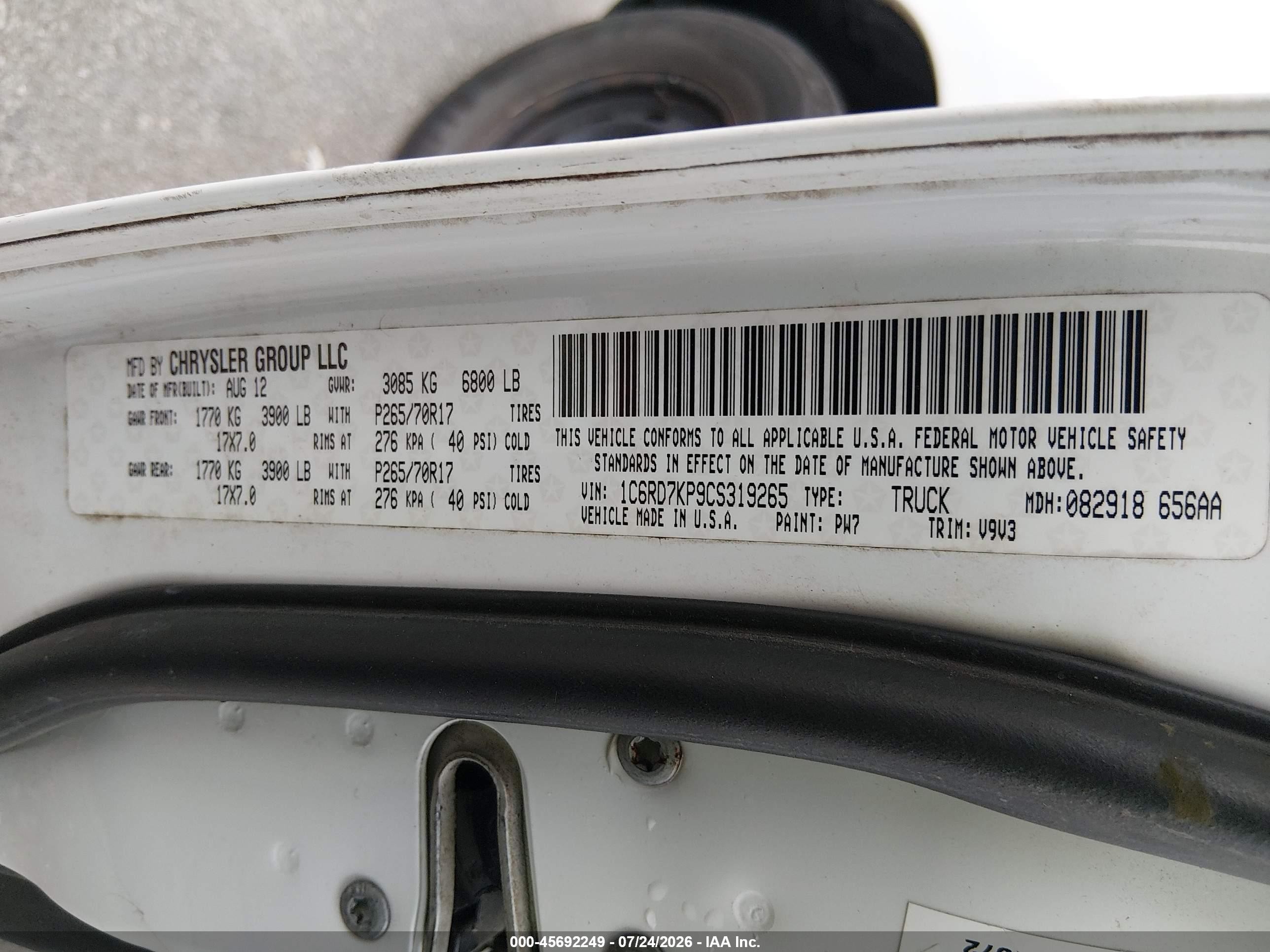 2012 Ram 1500 St White vin: 1C6RD7KP9CS319265