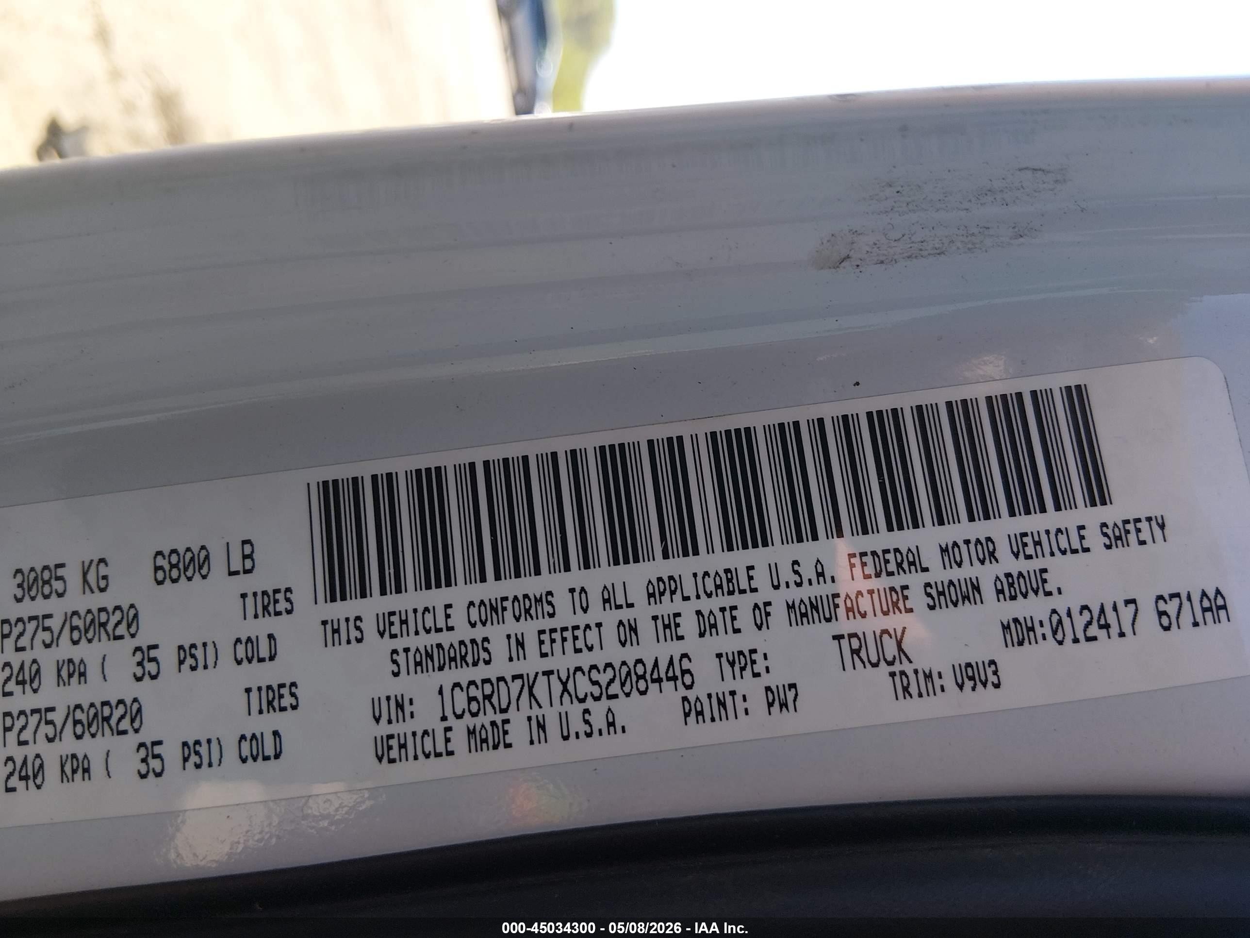 2012 Ram 1500 St White vin: 1C6RD7KTXCS208446