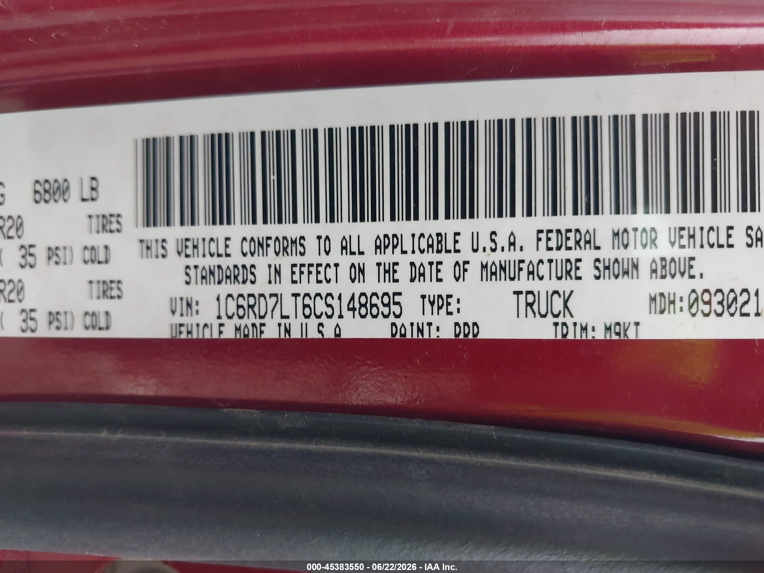 2012 Ram 1500 Slt Red vin: 1C6RD7LT6CS148695
