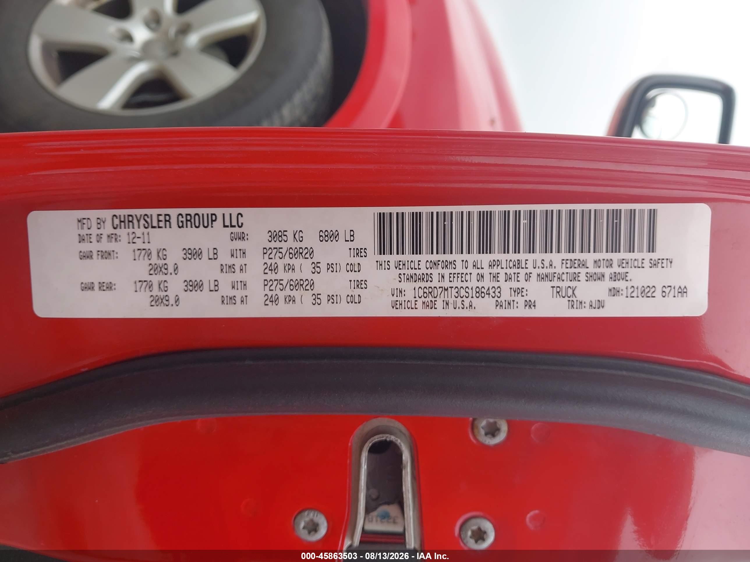 2012 Ram 1500 Sport Red vin: 1C6RD7MT3CS186433