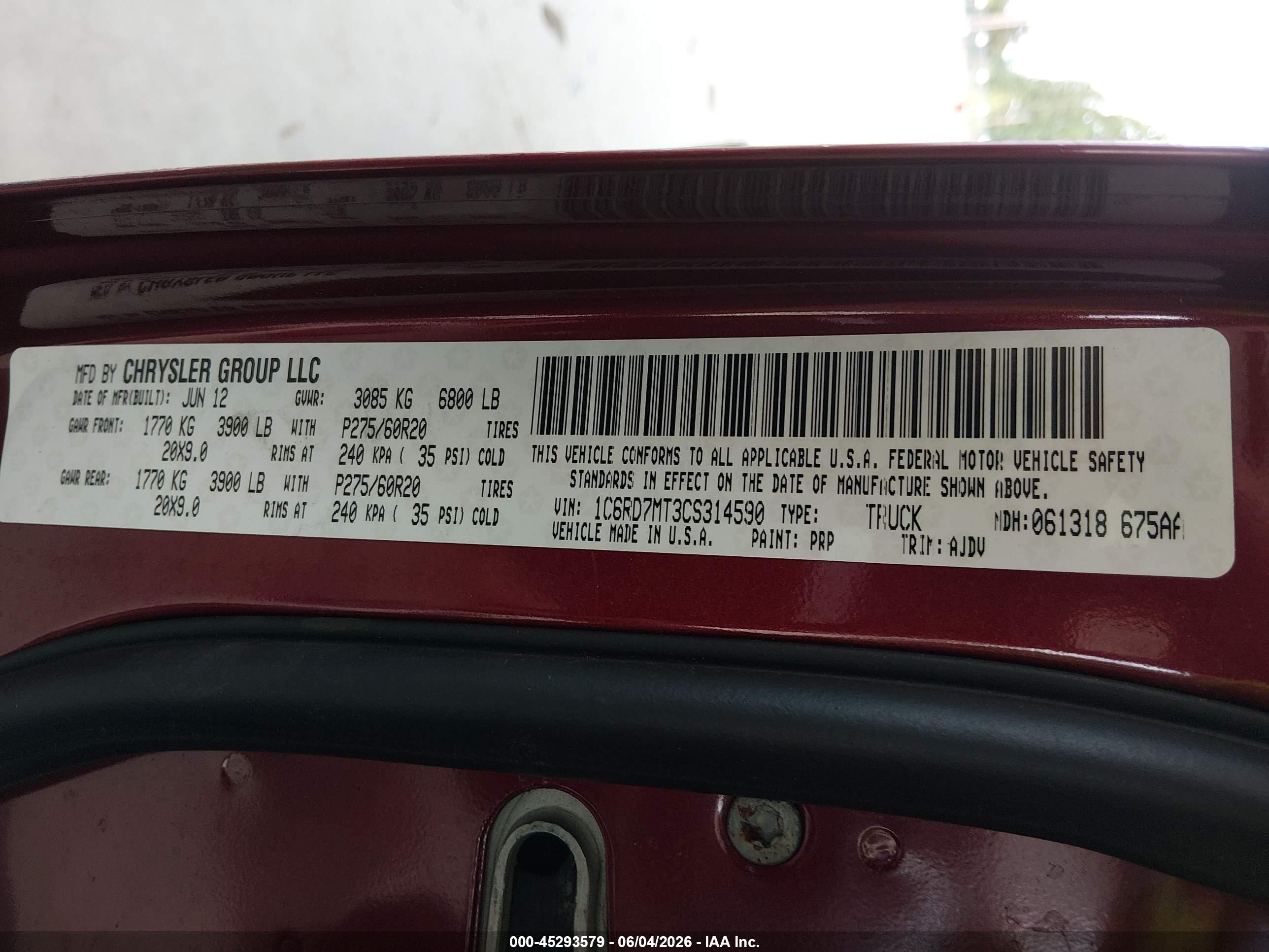 2012 Ram 1500 Sport Red vin: 1C6RD7MT3CS314590