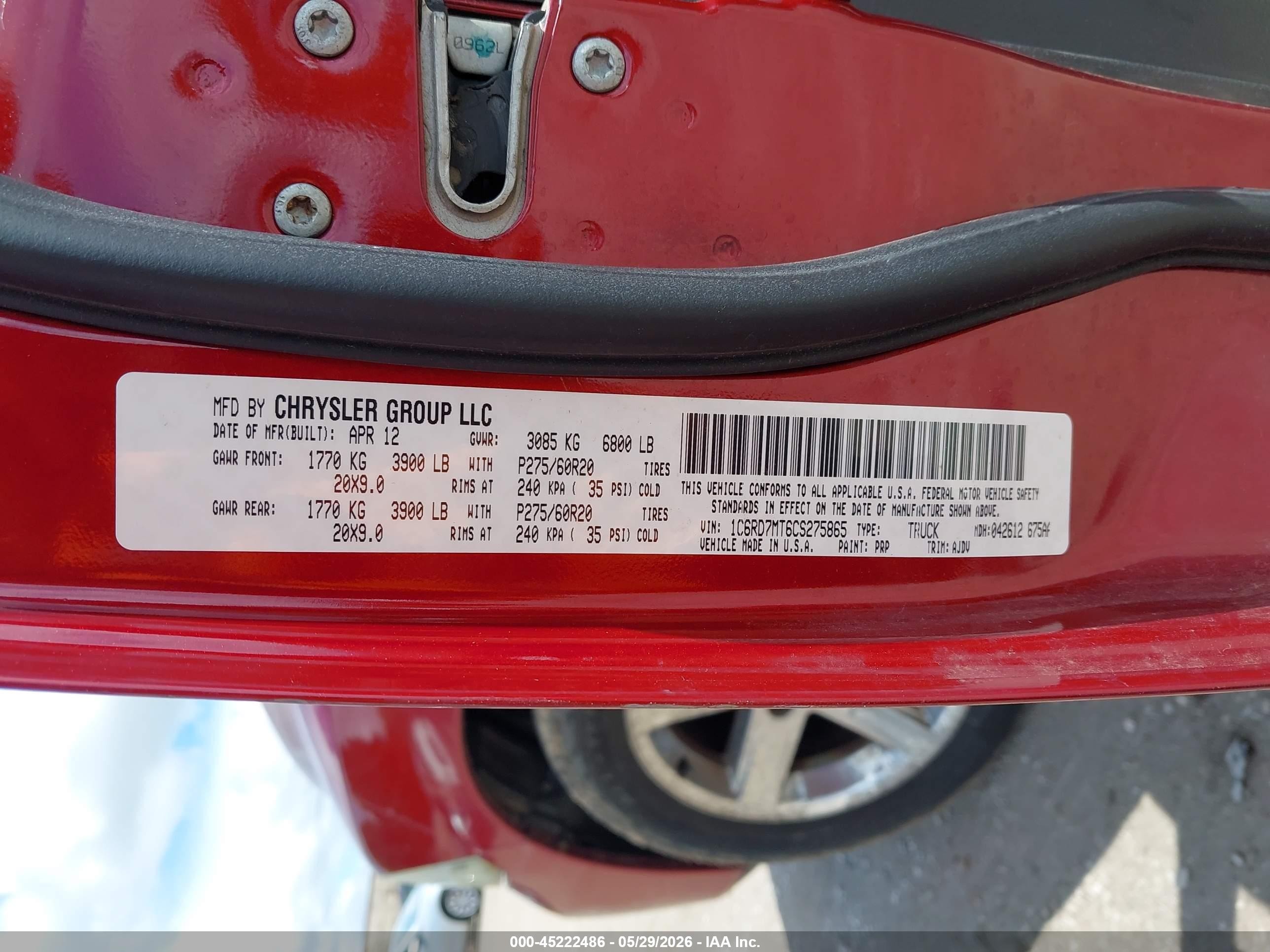 2012 Ram 1500 Sport Red vin: 1C6RD7MT6CS275865
