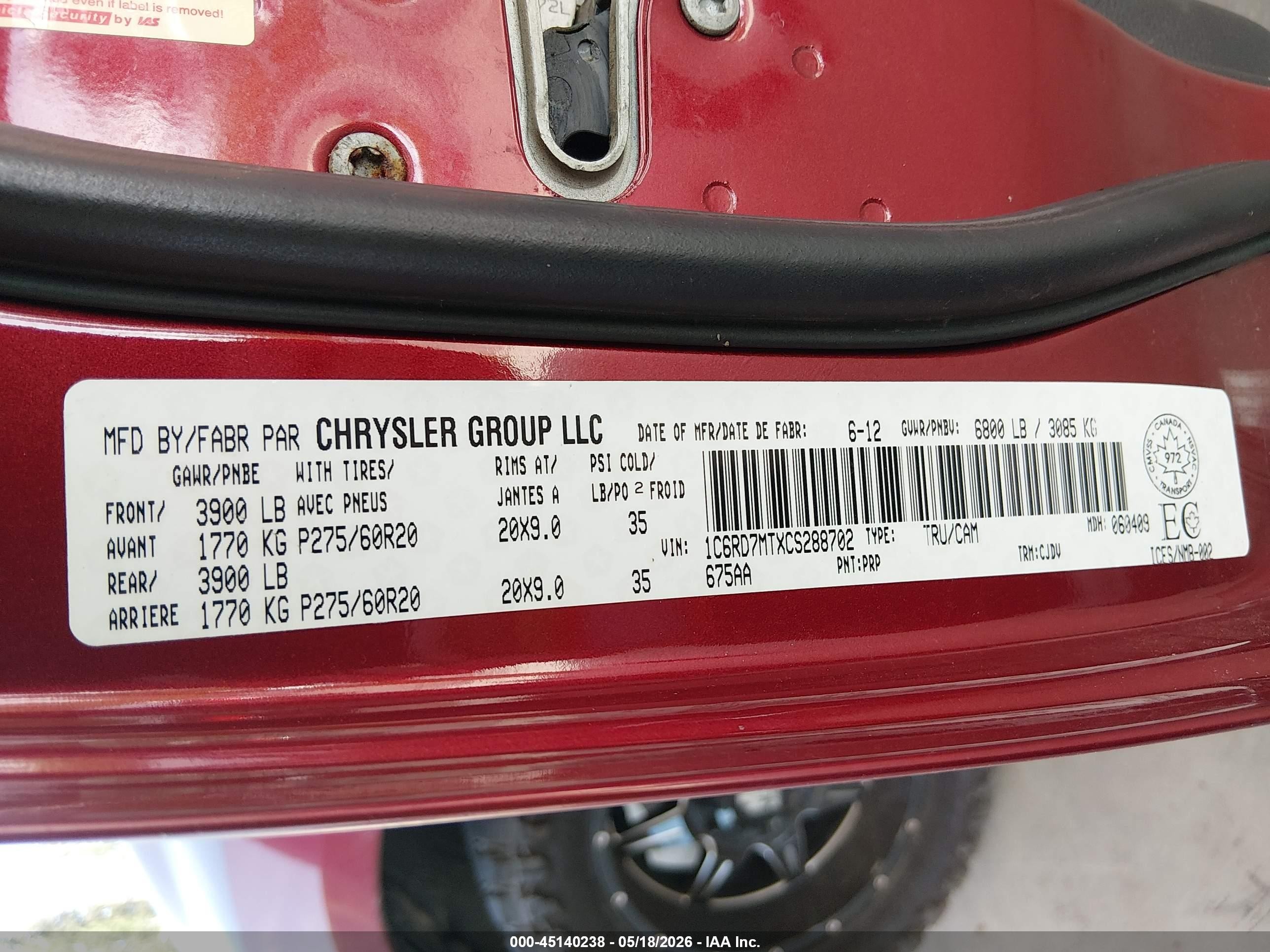 2012 Ram 1500 Sport Red vin: 1C6RD7MTXCS288702
