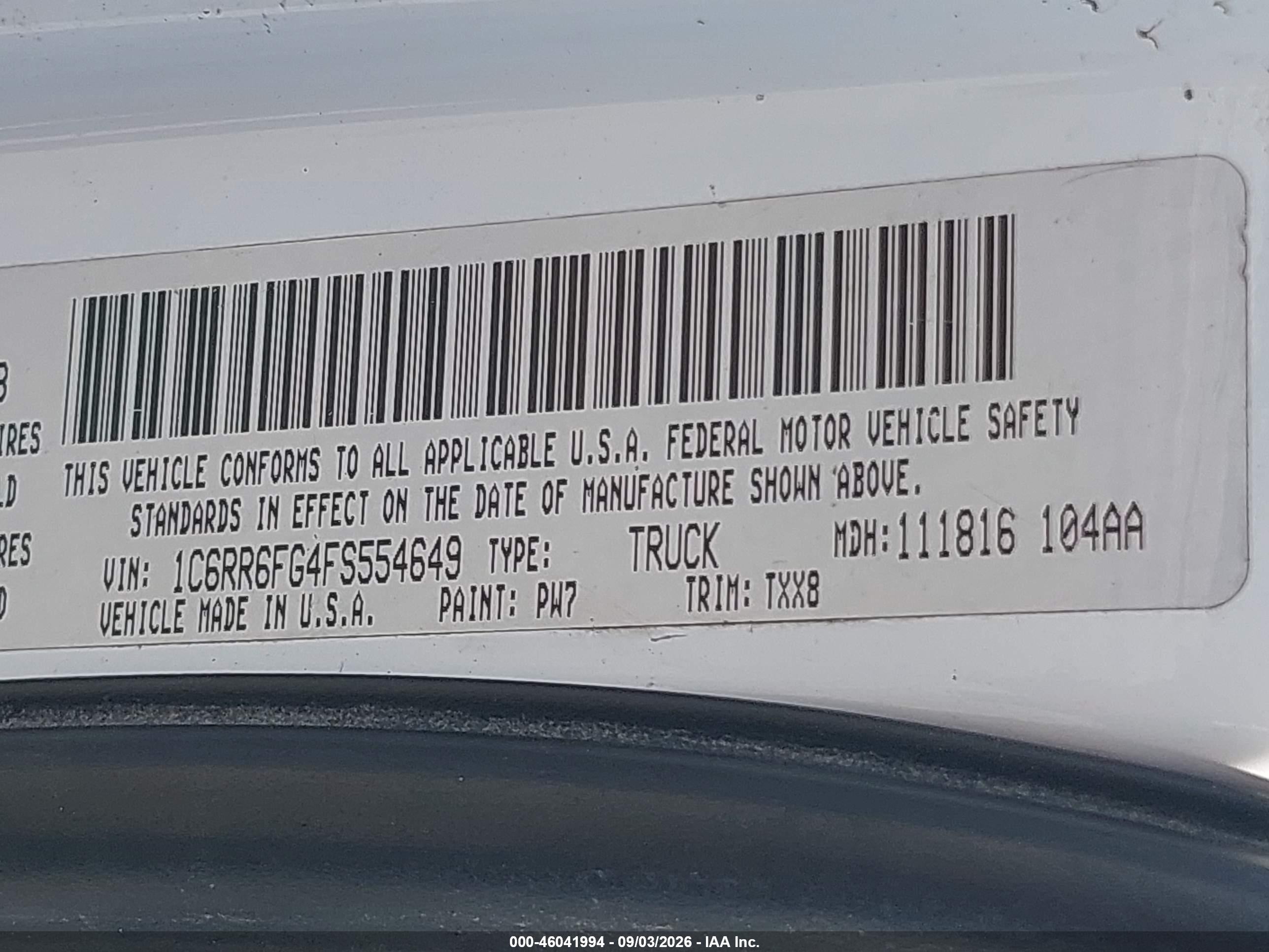 2015 Ram 1500 Tradesman White vin: 1C6RR6FG4FS554649