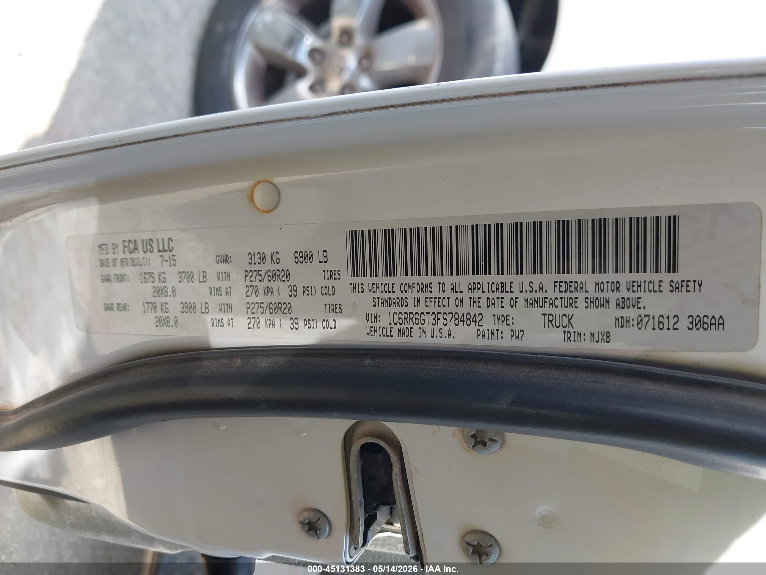 2015 Ram 1500 Big Horn White vin: 1C6RR6GT3FS784842