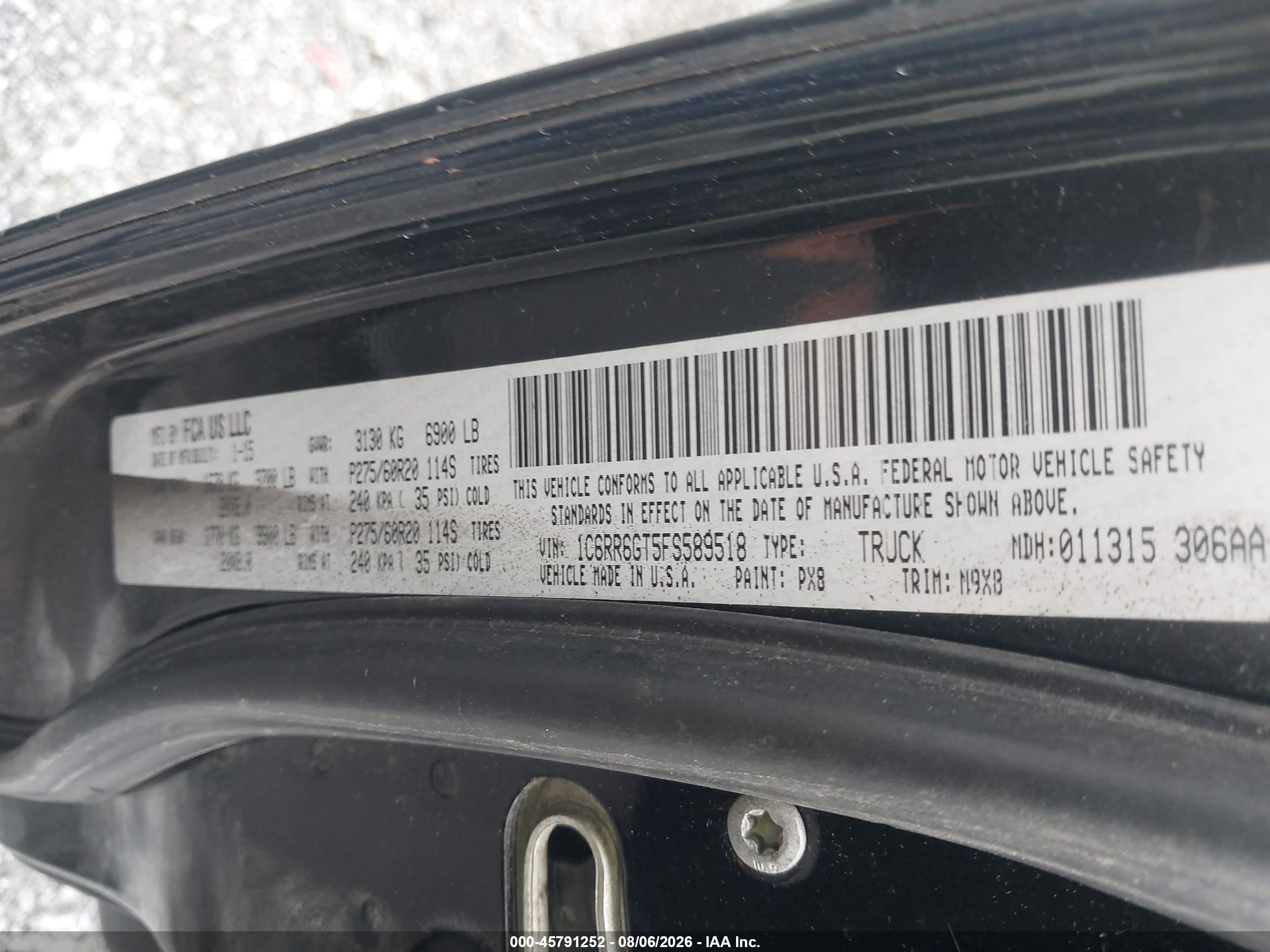 2015 Ram 1500 Big Horn Black vin: 1C6RR6GT5FS589518