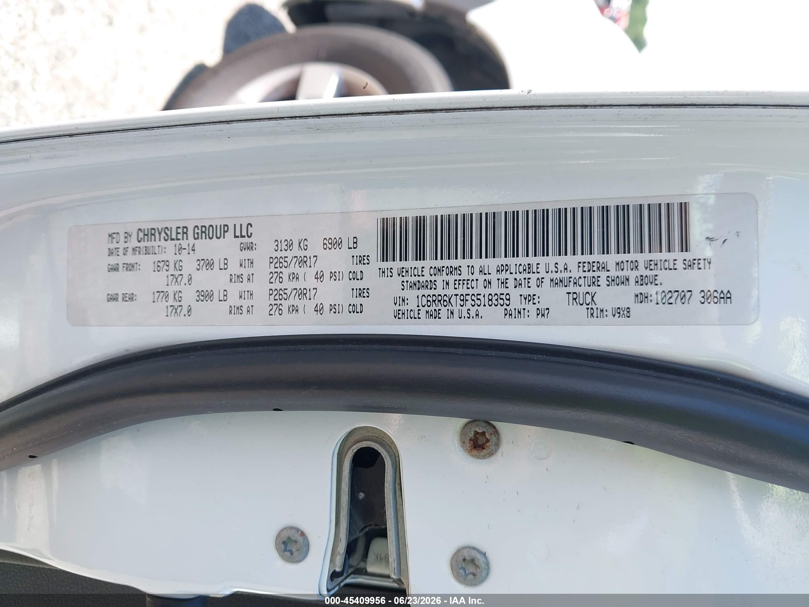 2015 Ram 1500 Tradesman White vin: 1C6RR6KT9FS518359