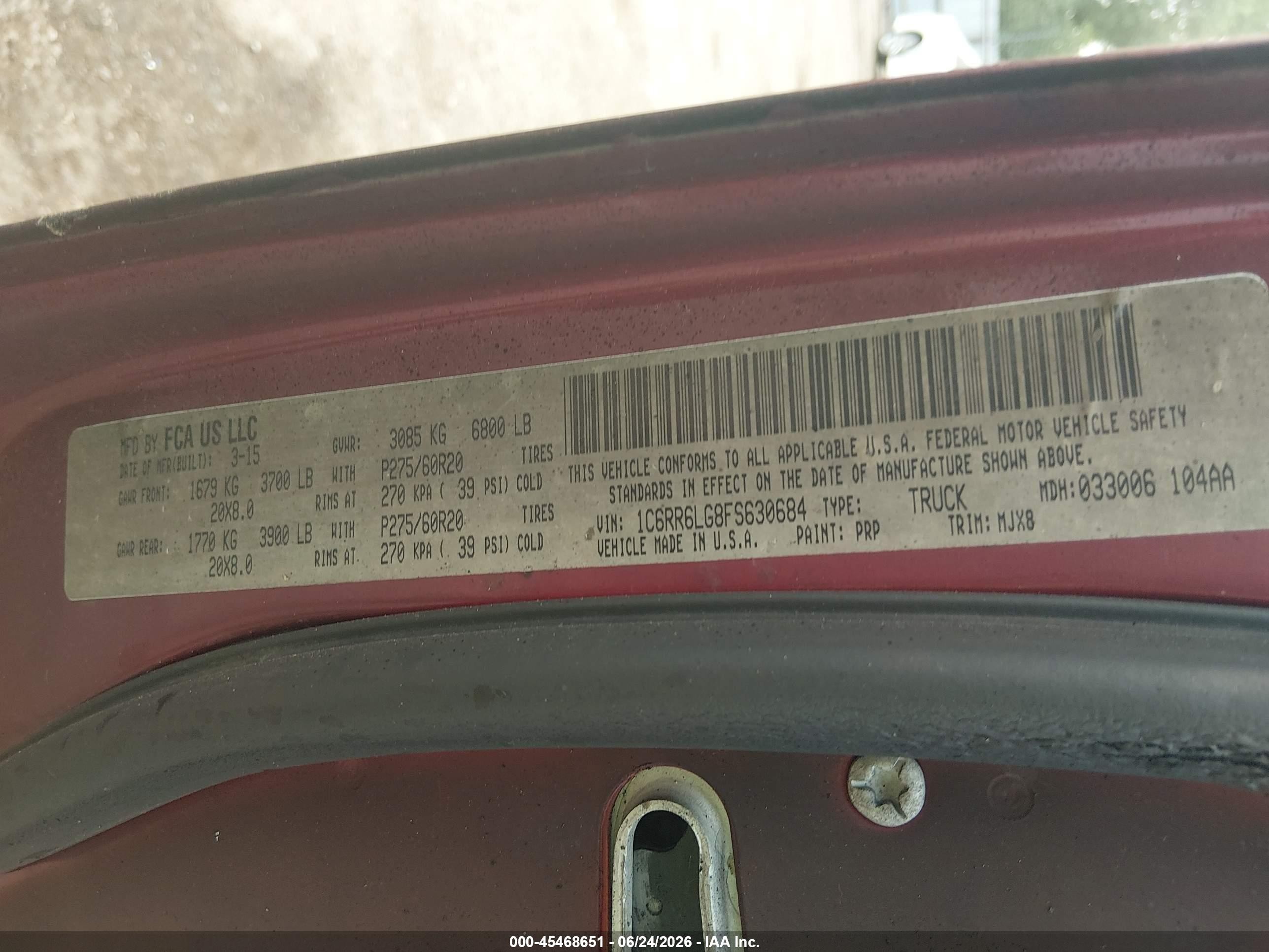 2015 Ram 1500 Outdoorsman Burgundy vin: 1C6RR6LG8FS630684