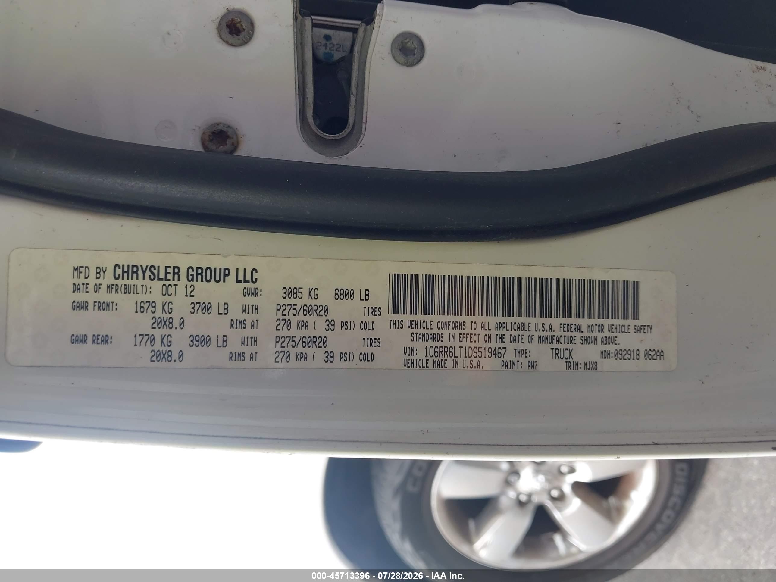 2013 Ram 1500 Big Horn White vin: 1C6RR6LT1DS519467