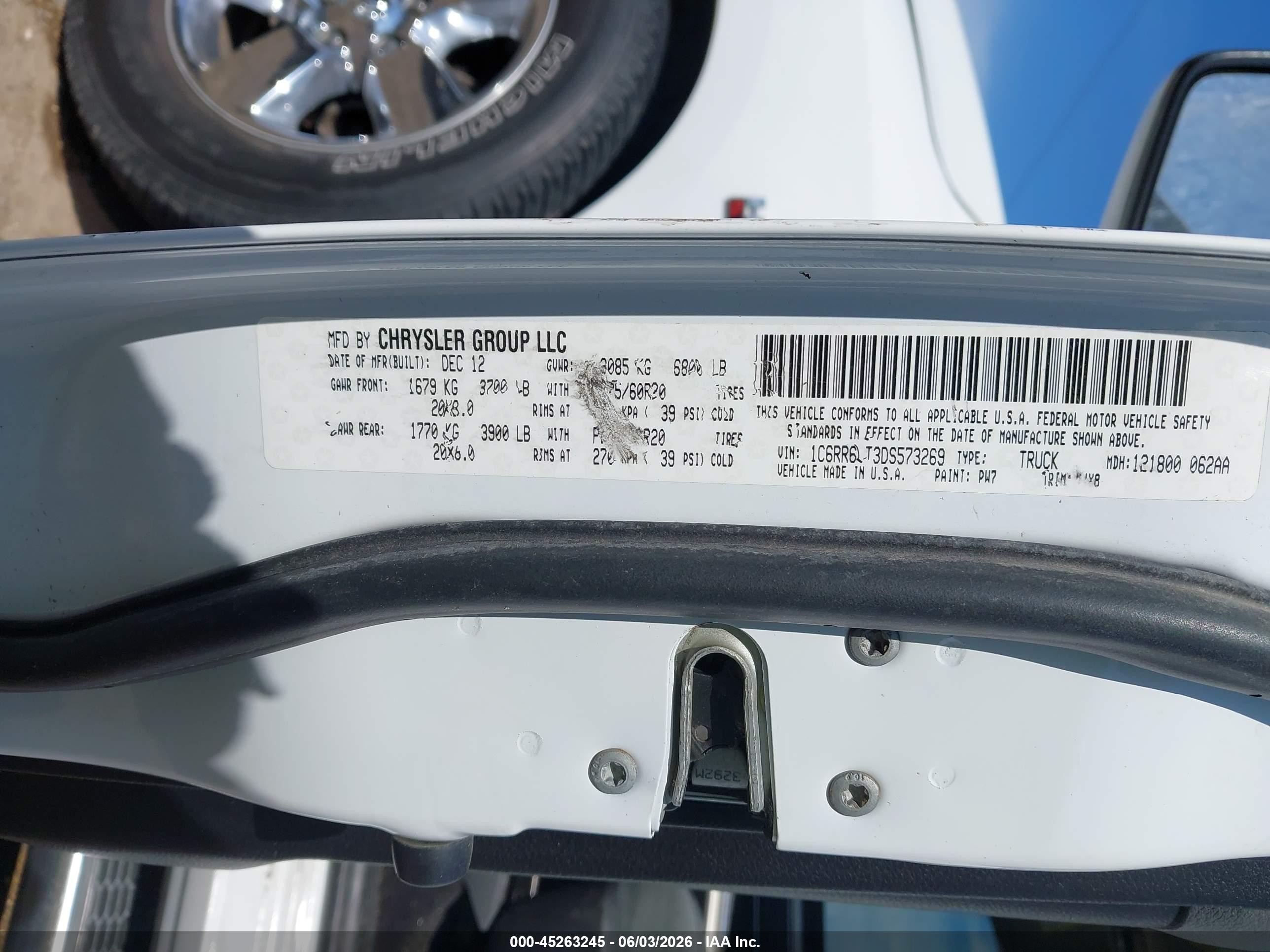 2013 Ram 1500 Big Horn White vin: 1C6RR6LT3DS573269