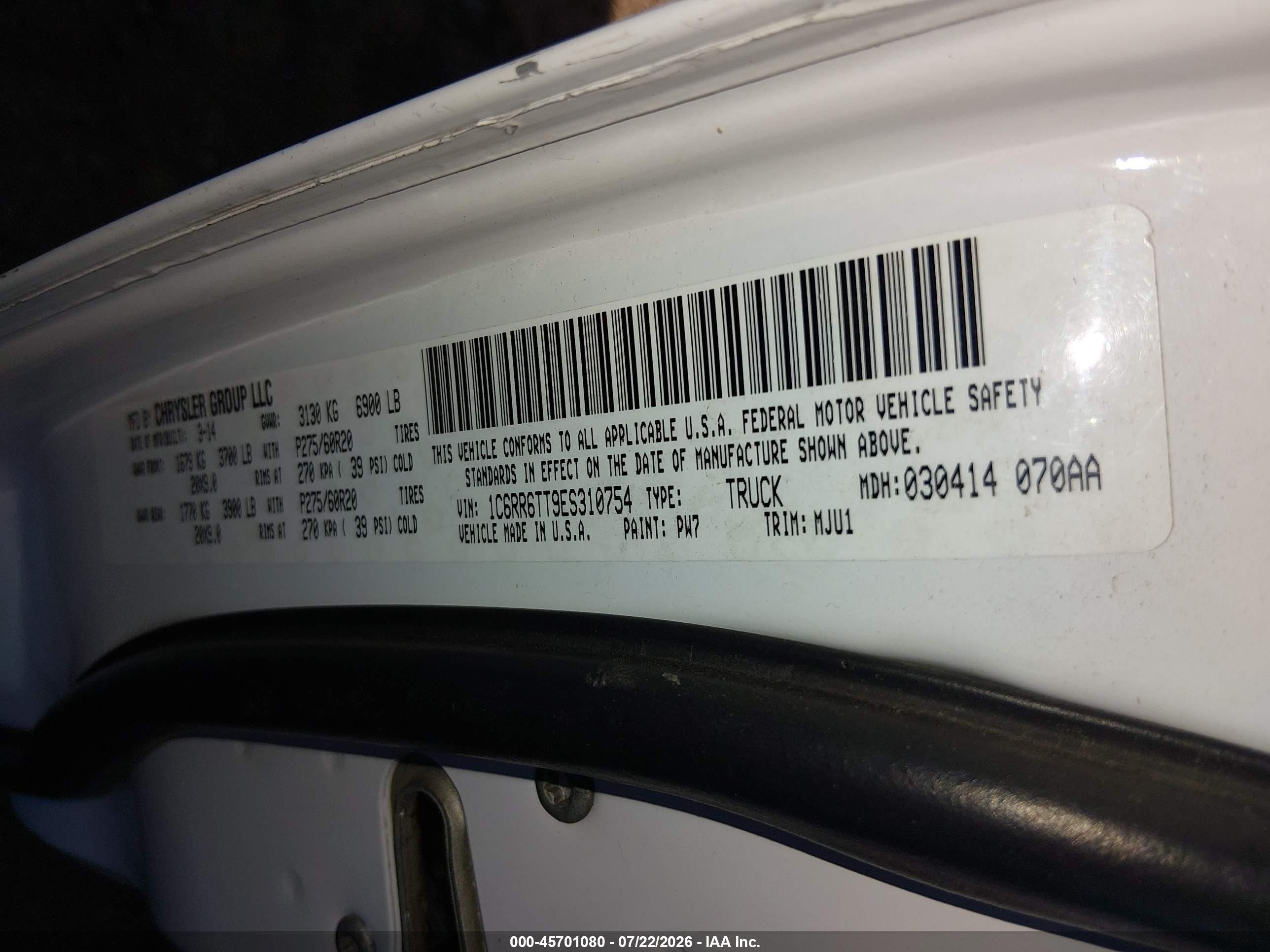 2014 Ram 1500 Big Horn White vin: 1C6RR6TT9ES310754