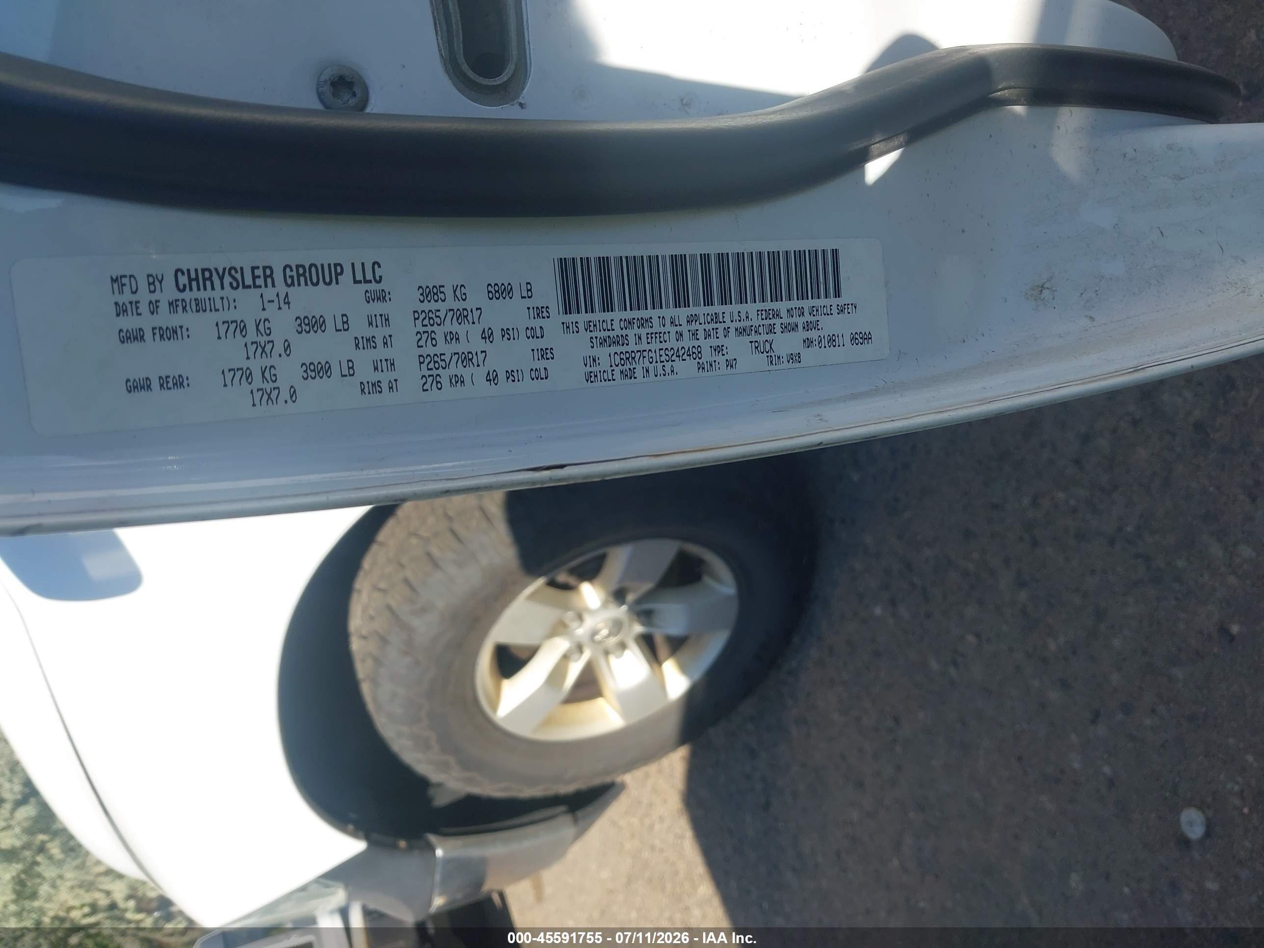 2014 Ram 1500 Tradesman White vin: 1C6RR7FG1ES242468