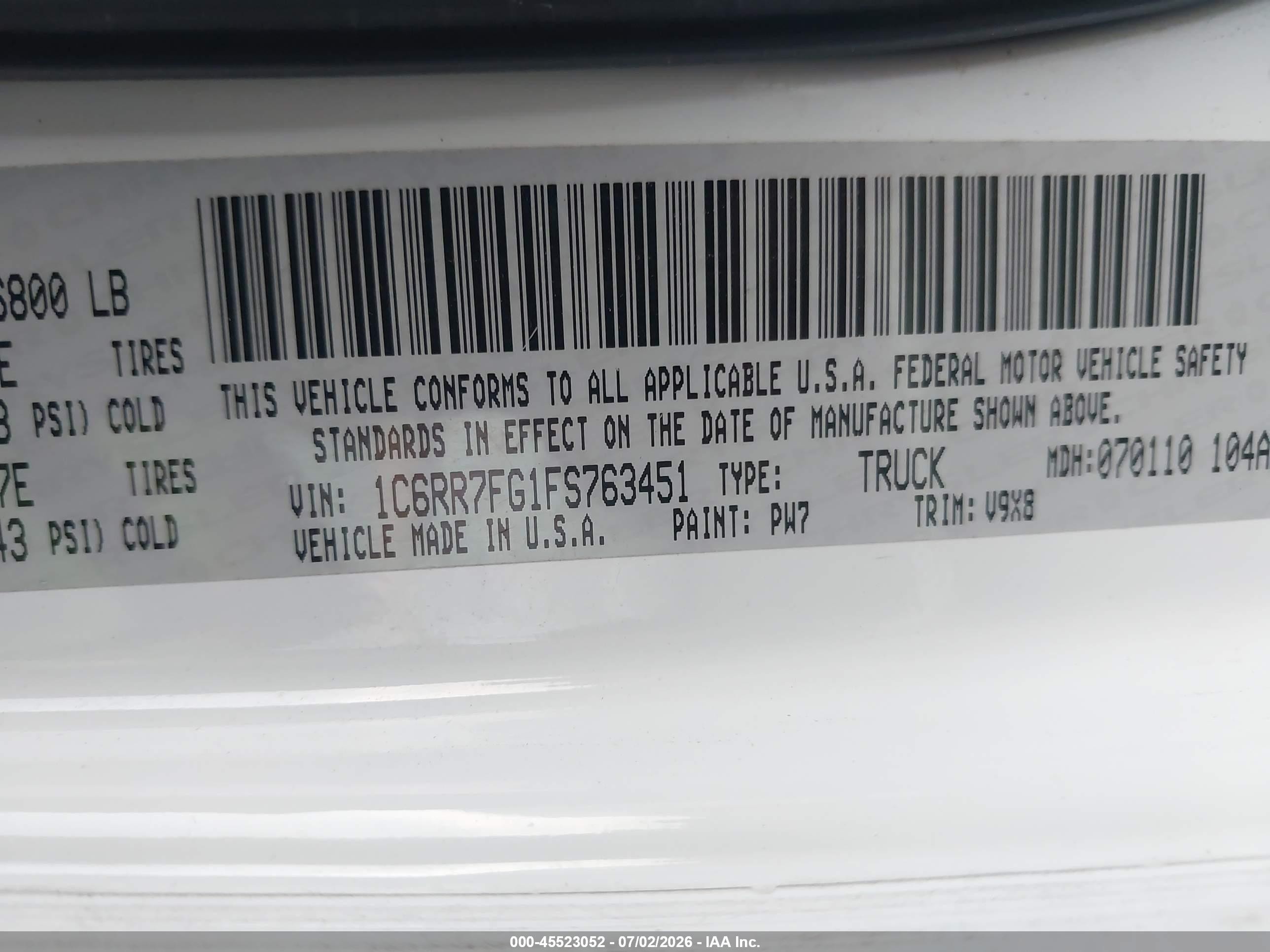 2015 Ram 1500 Tradesman White vin: 1C6RR7FG1FS763451