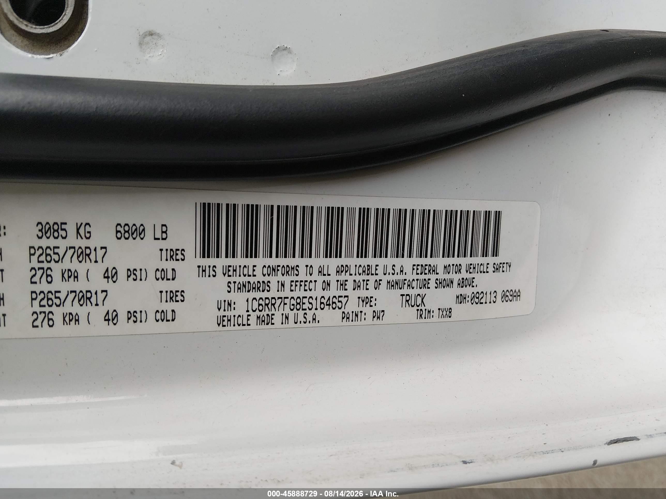2014 Ram 1500 Tradesman White vin: 1C6RR7FG8ES164657