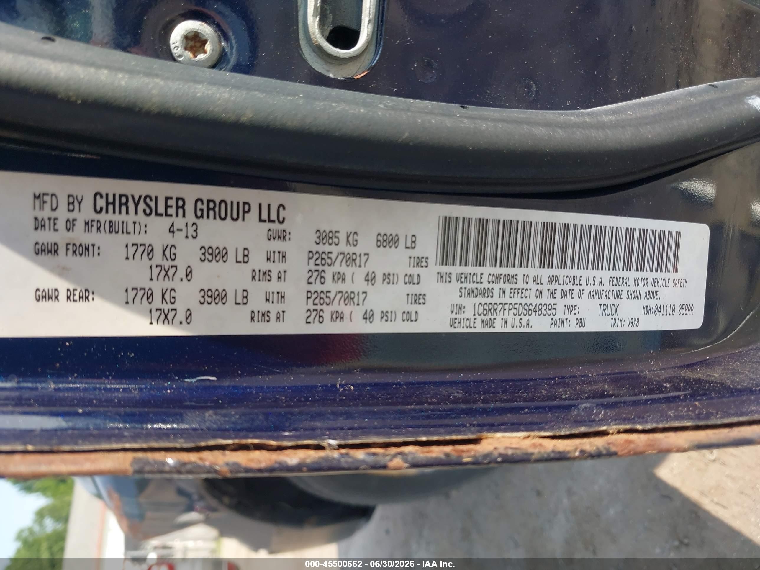 2013 Ram 1500 Tradesman Dark Blue vin: 1C6RR7FP5DS648395