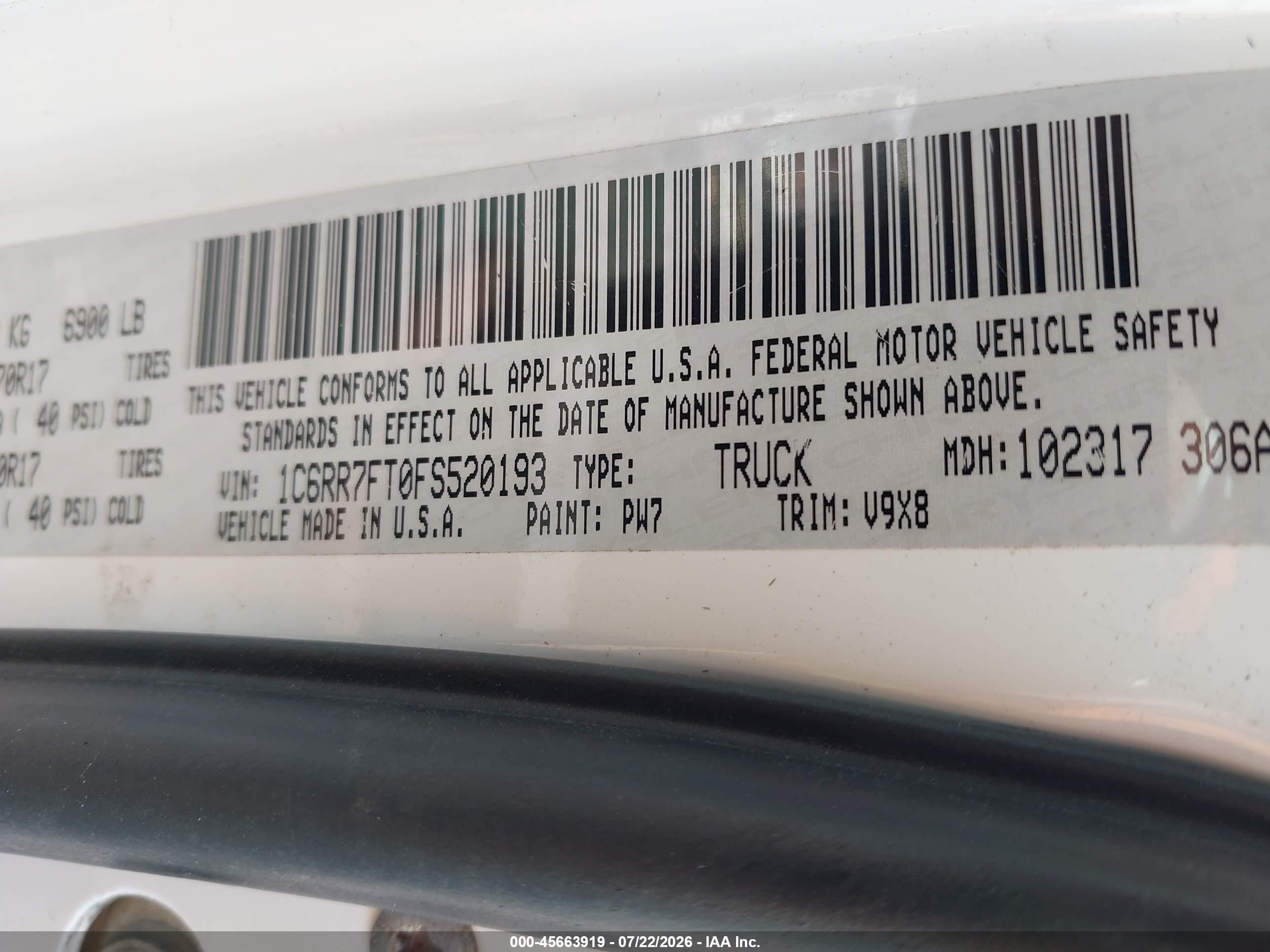 2015 Ram 1500 Tradesman White vin: 1C6RR7FT0FS520193
