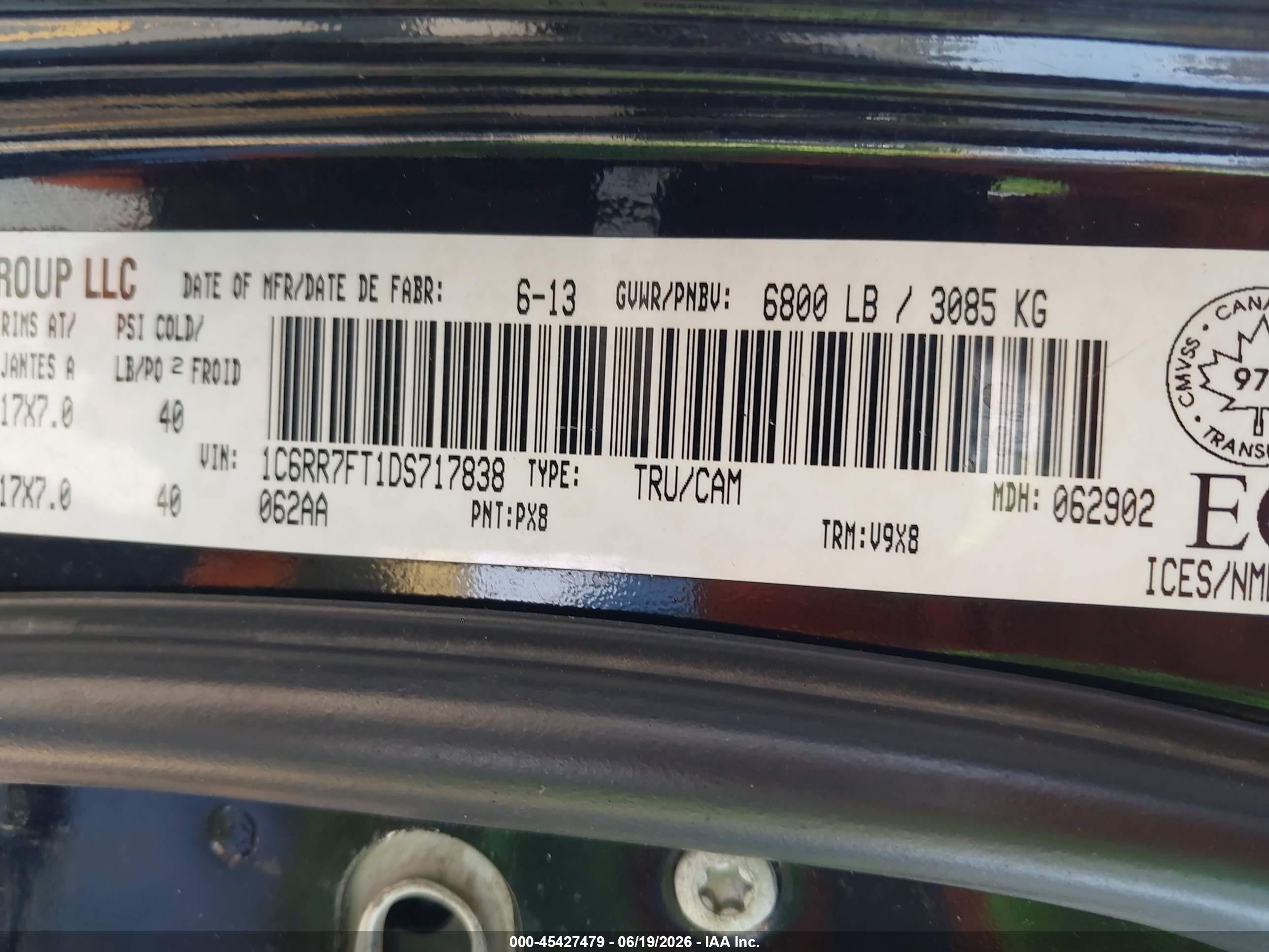 2013 Ram 1500 St Black vin: 1C6RR7FT1DS717838