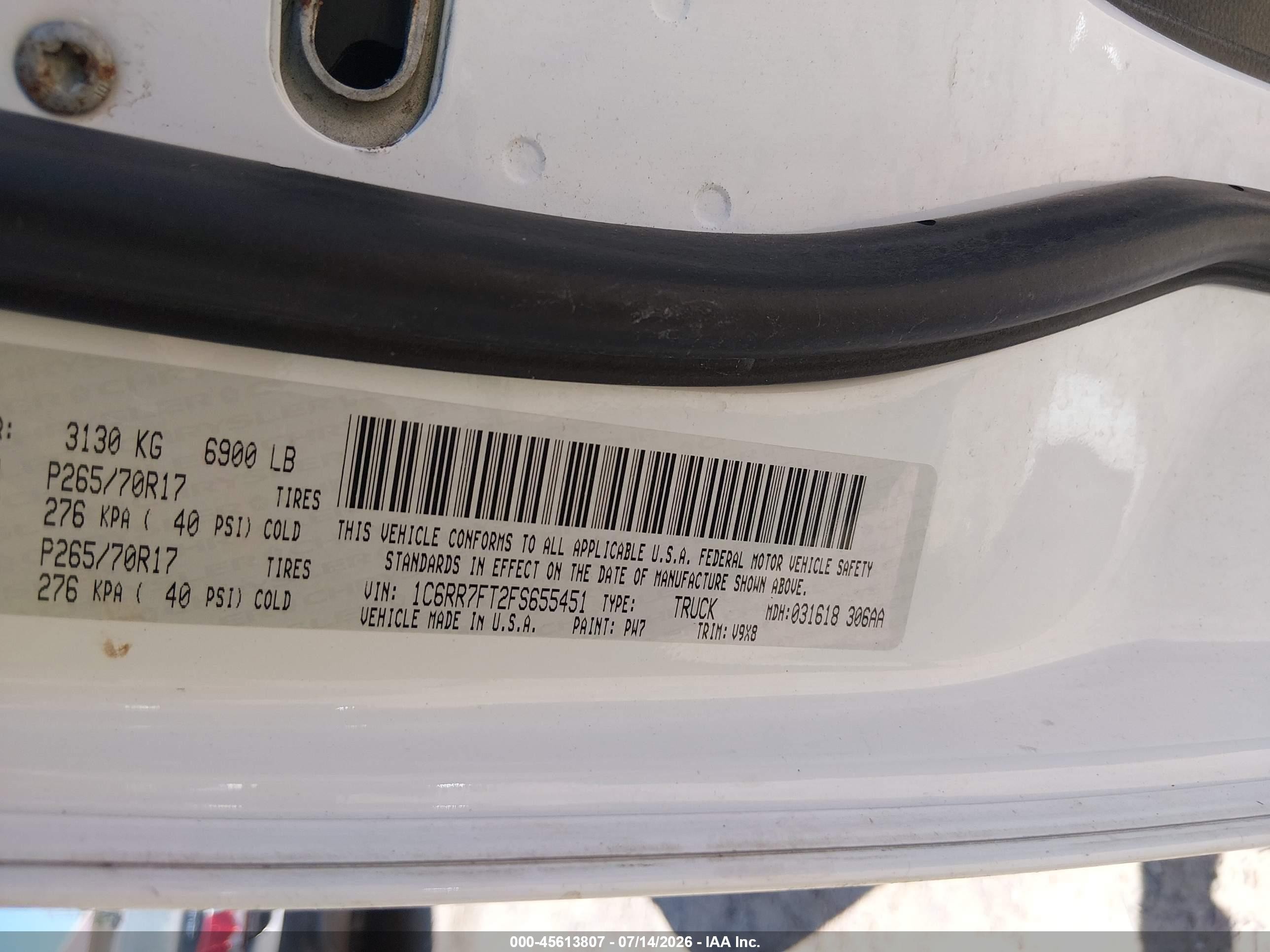 2015 Ram 1500 Tradesman White vin: 1C6RR7FT2FS655451
