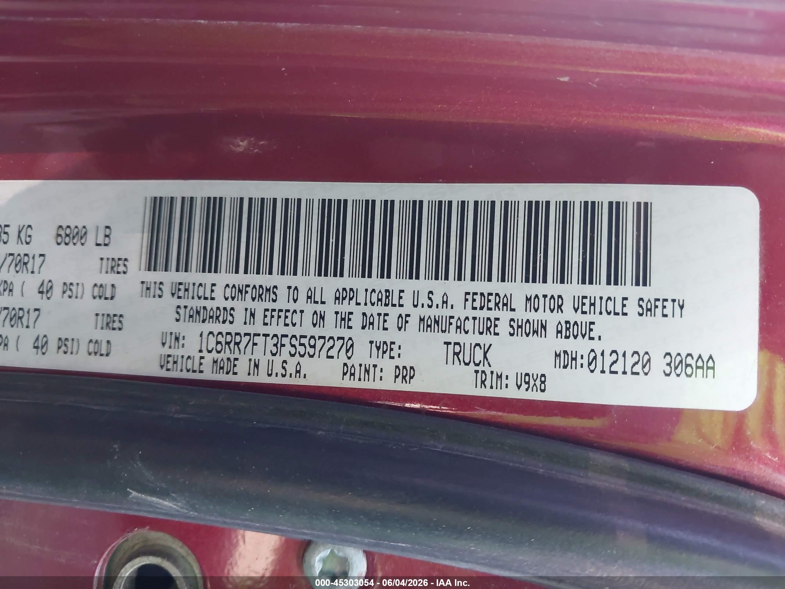 2015 Ram 1500 Tradesman Red vin: 1C6RR7FT3FS597270