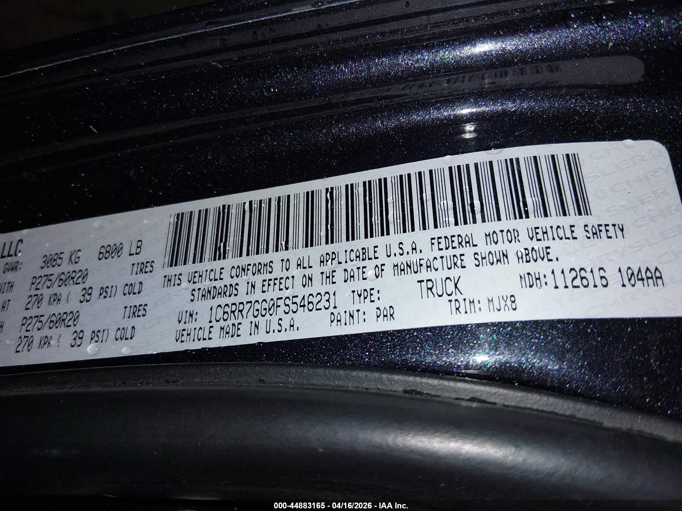 2015 Ram 1500 Big Horn Black vin: 1C6RR7GG0FS546231