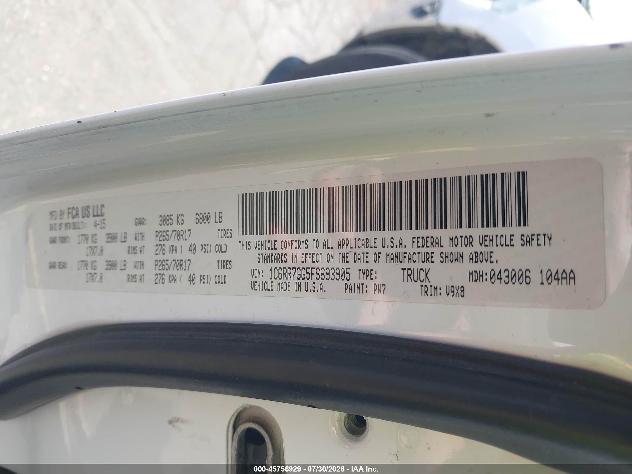 2015 Ram 1500 Slt Белый vin: 1C6RR7GG5FS693905