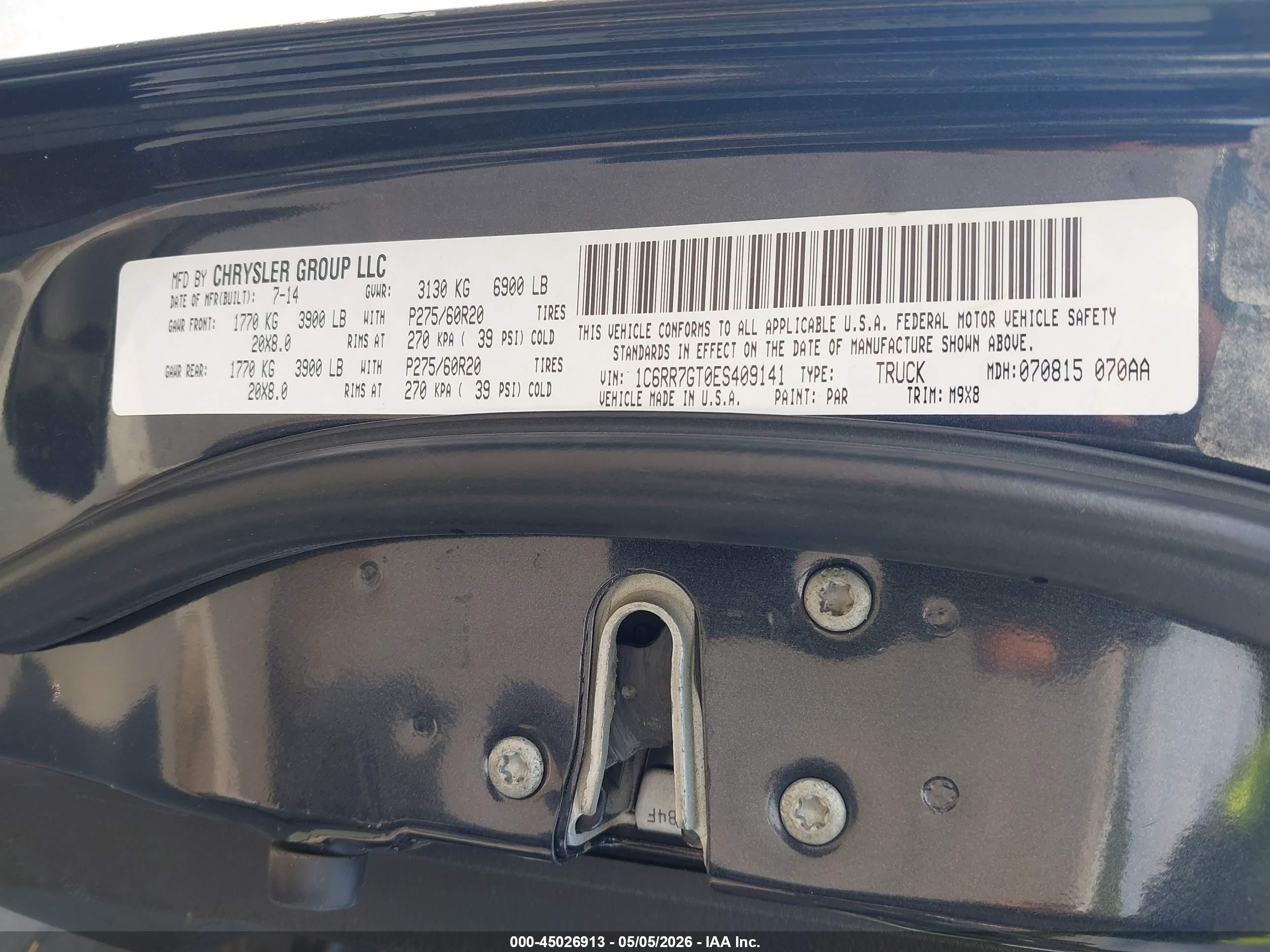 2014 Ram 1500 Big Horn Black vin: 1C6RR7GT0ES409141