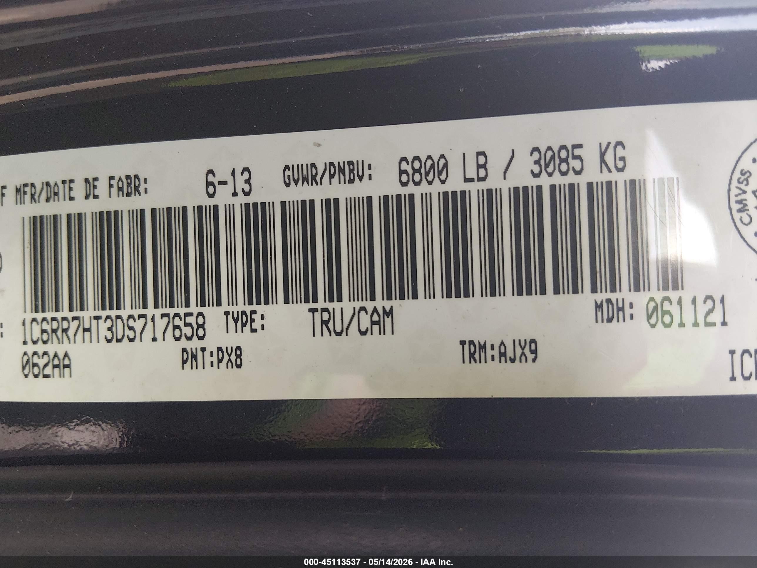 2013 Ram 1500 Sport Black vin: 1C6RR7HT3DS717658