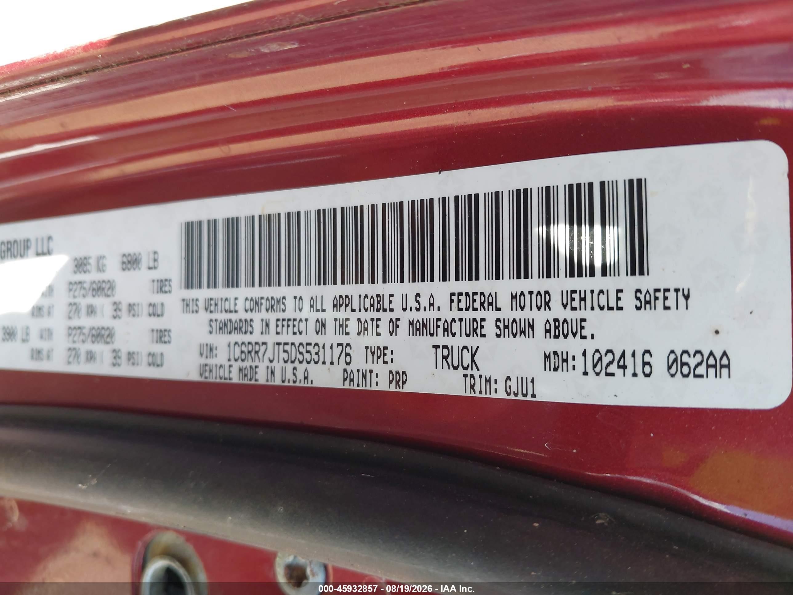 2013 Ram 1500 Laramie Красный vin: 1C6RR7JT5DS531176