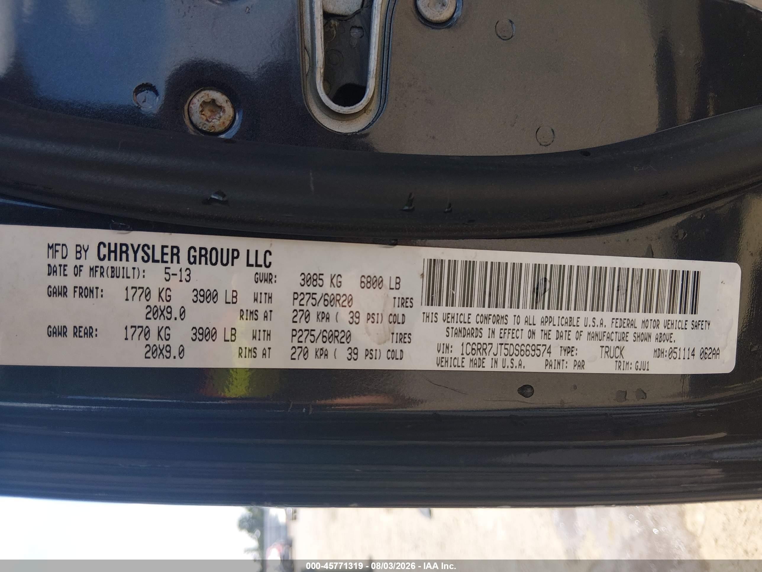 2013 Ram 1500 Laramie Black vin: 1C6RR7JT5DS669574