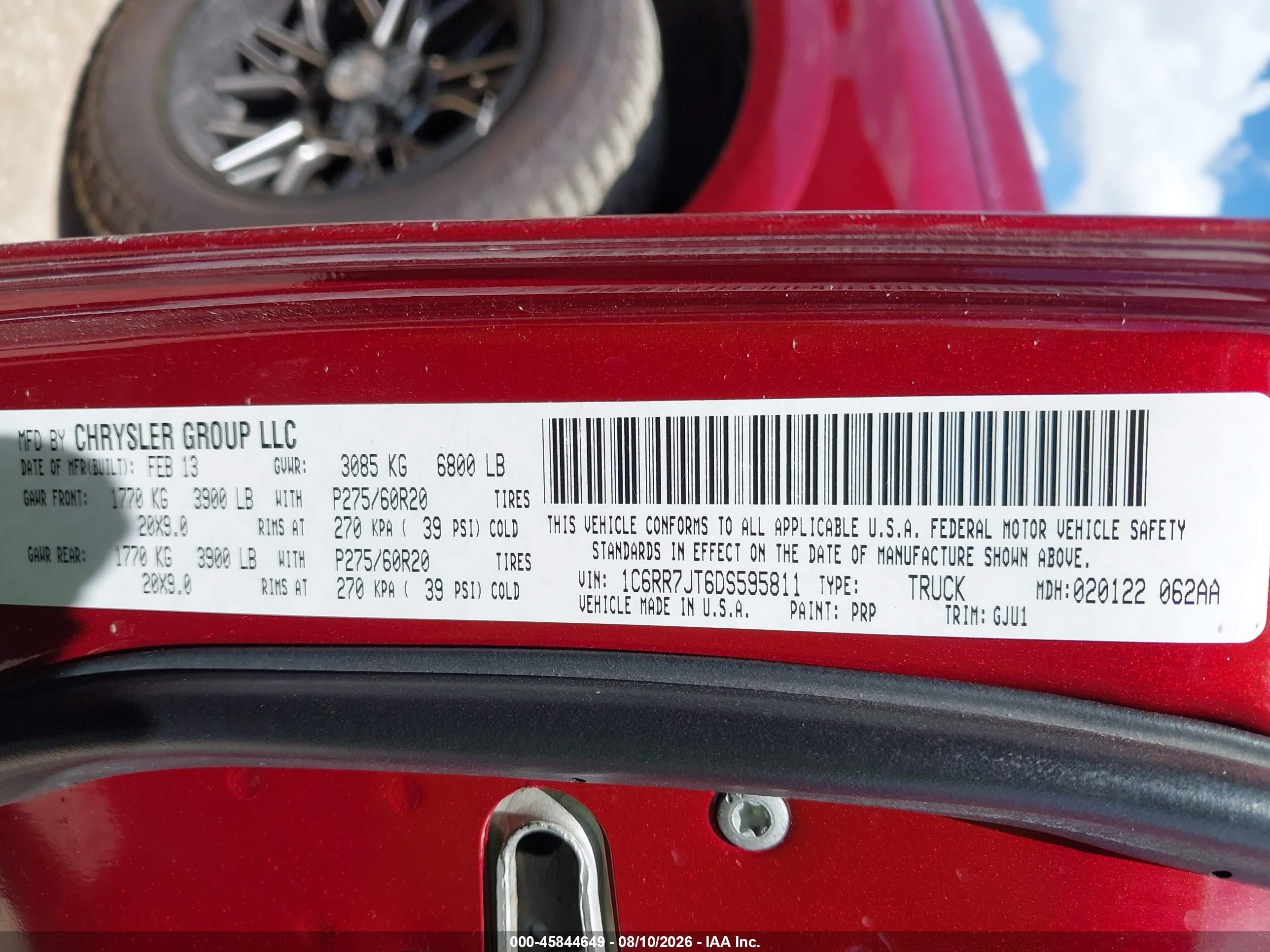 2013 Ram 1500 Laramie Burgundy vin: 1C6RR7JT6DS595811