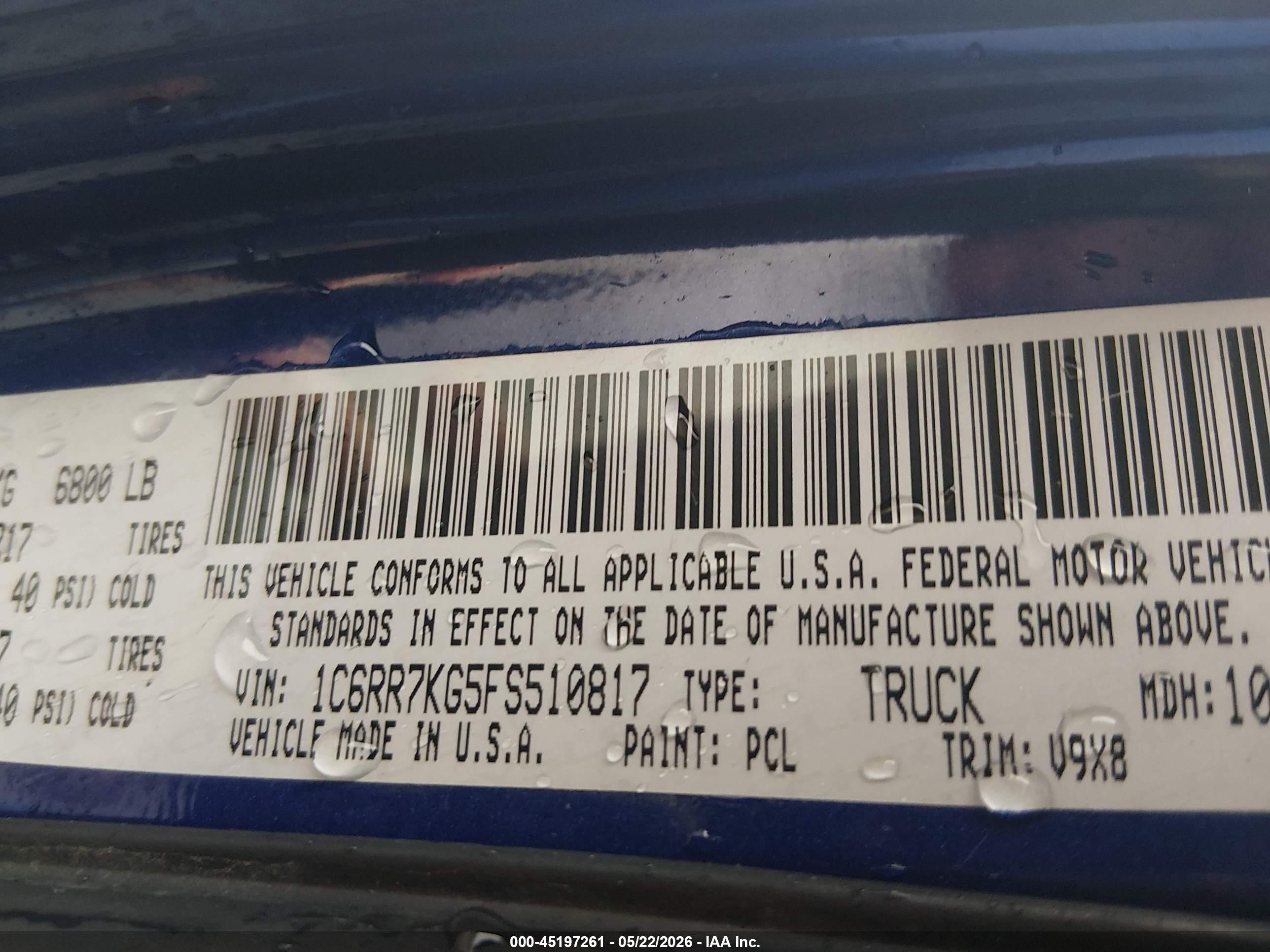 2015 Ram 1500 Tradesman Blue vin: 1C6RR7KG5FS510817