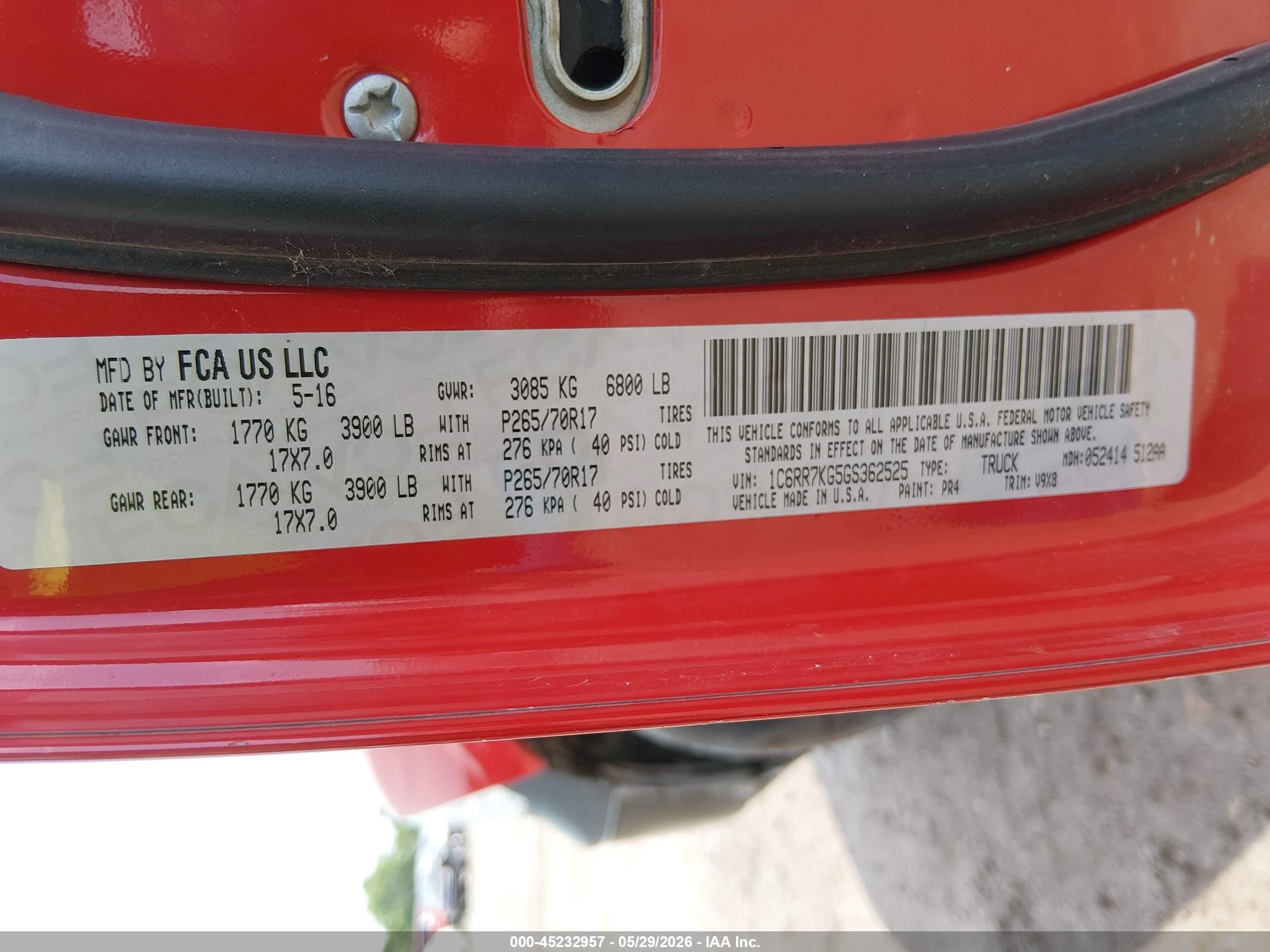 2016 Ram 1500 Tradesman Red vin: 1C6RR7KG5GS362525