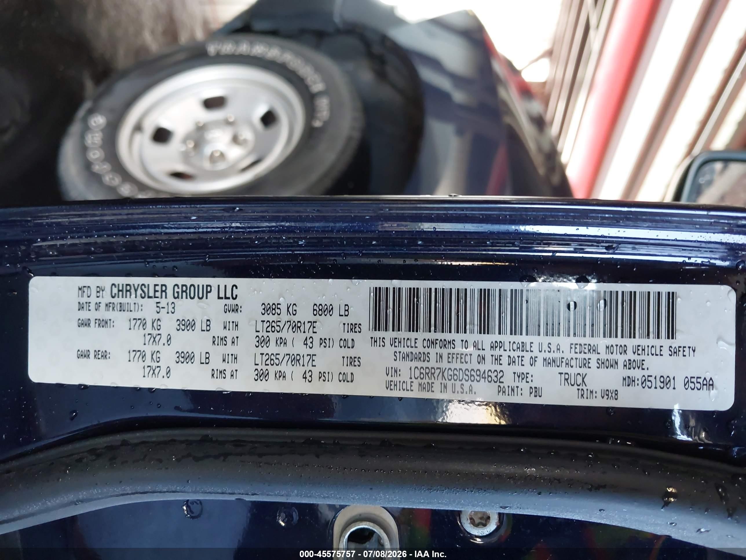 2013 Ram 1500 Tradesman Blue vin: 1C6RR7KG6DS694632