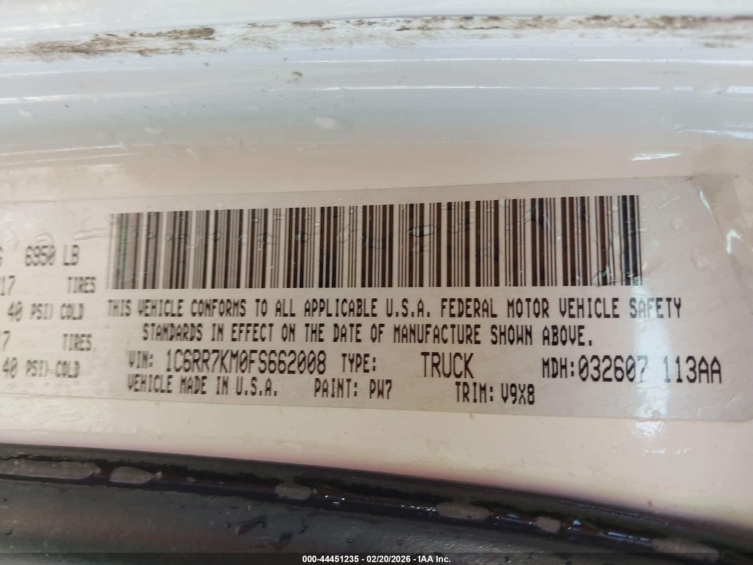 2015 Ram 1500 Tradesman White vin: 1C6RR7KM0FS662008