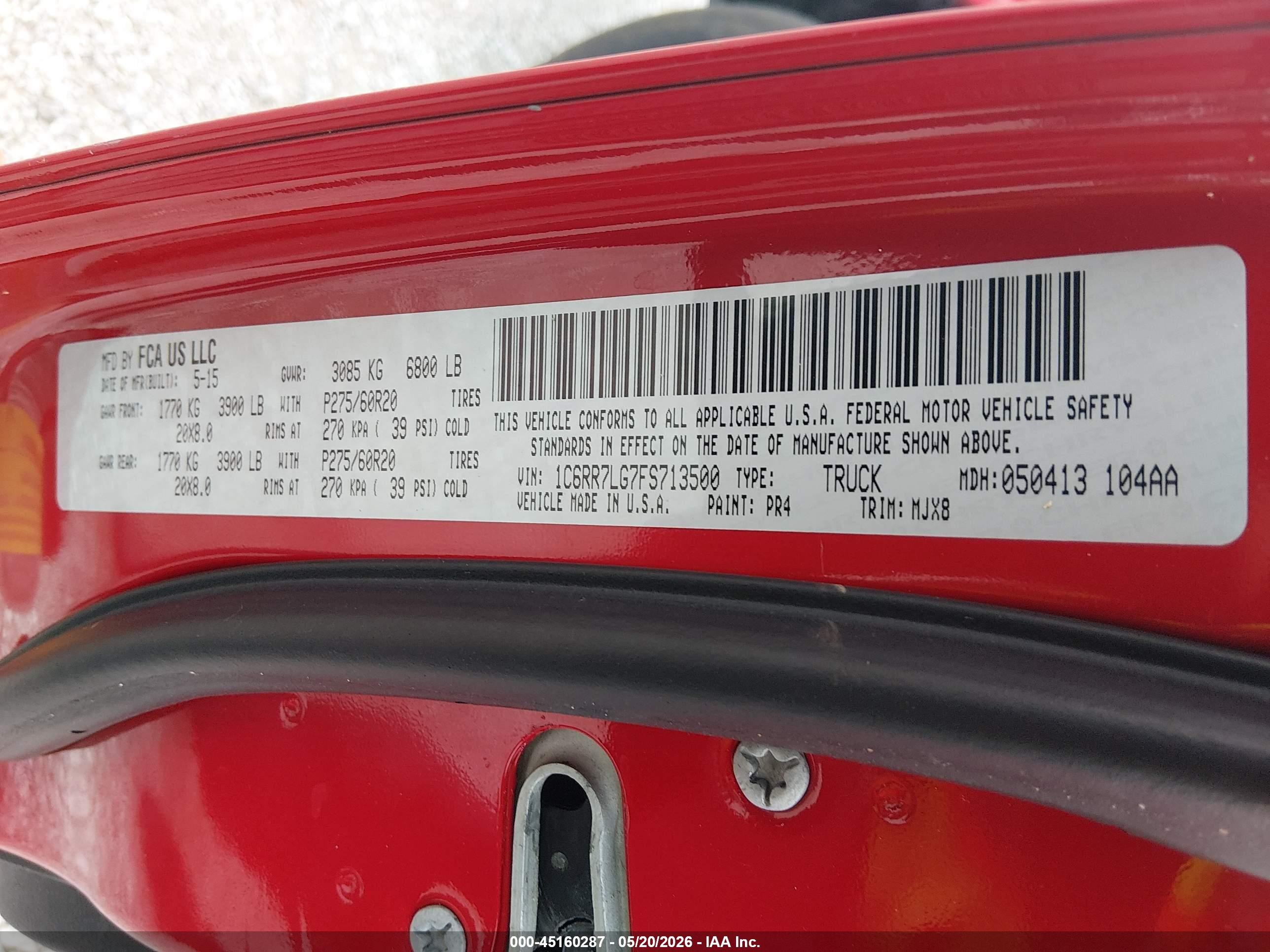 2015 Ram 1500 Big Horn Red vin: 1C6RR7LG7FS713500